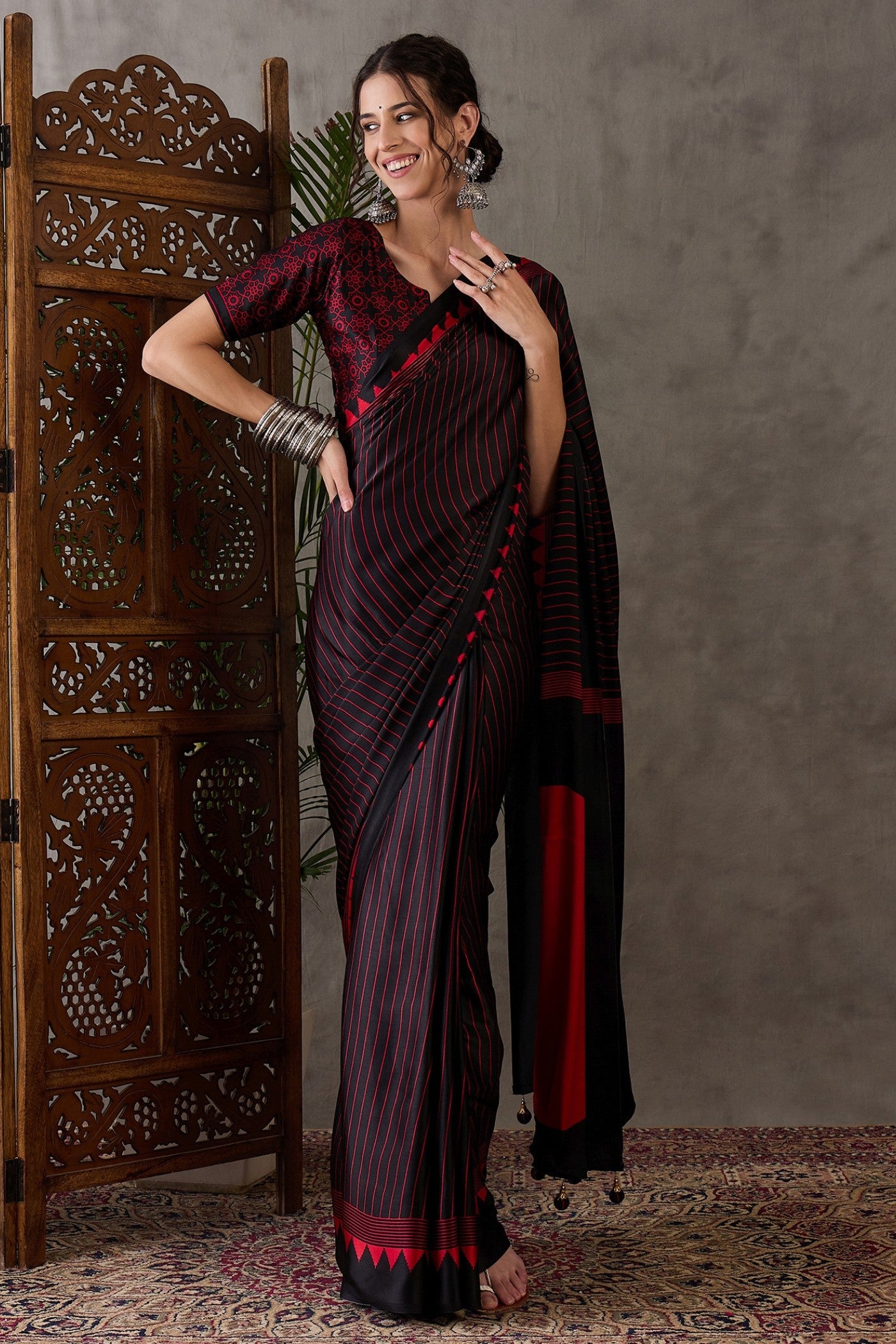 Buy MySilkLove Retro Black and Red Printed Satin Gaji Silk Saree Online