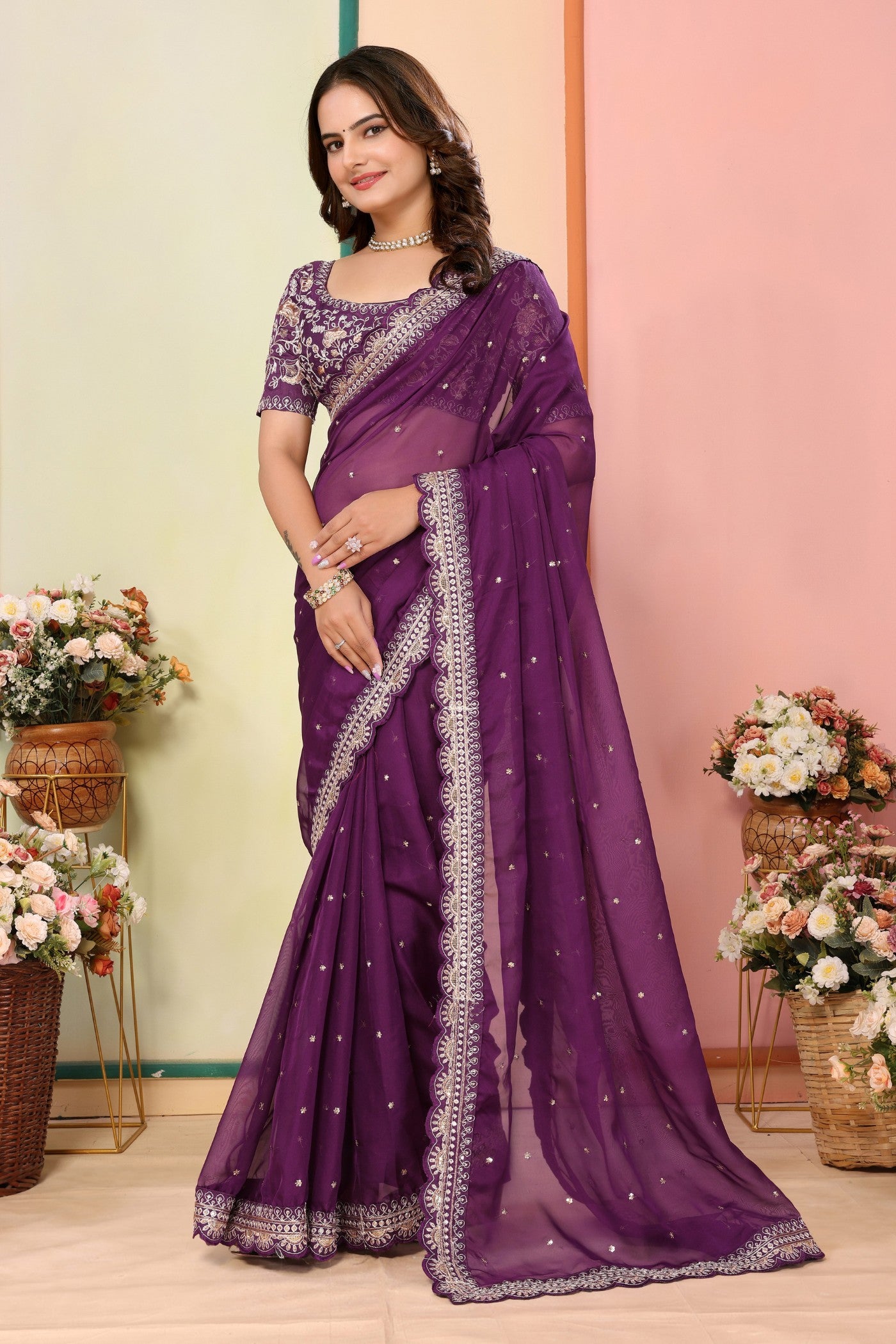 Buy MySilkLove Tyrian Purple Organza Designer Partywear Saree Online