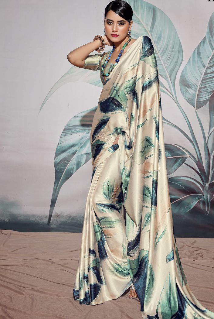 Buy MySilkLove Bone Cream and Green Printed Satin Silk Saree Online