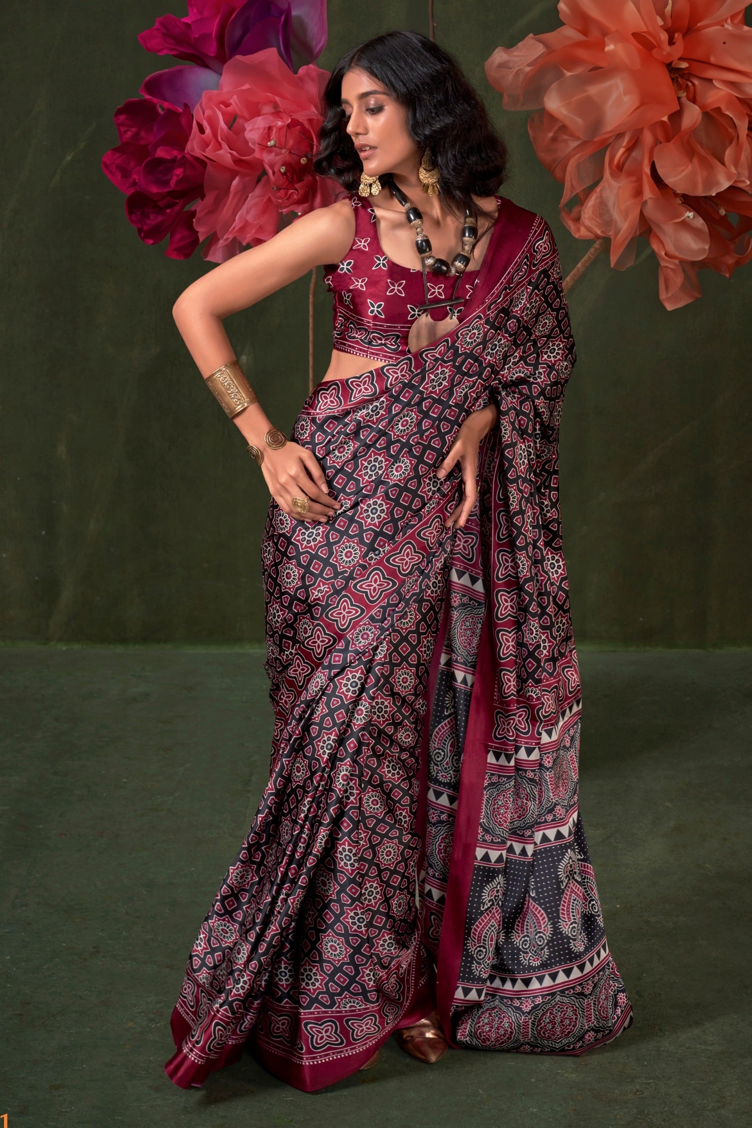 Buy MySilkLove Raisin Purple Ajrakh Printed Satin Crepe Silk Saree Online