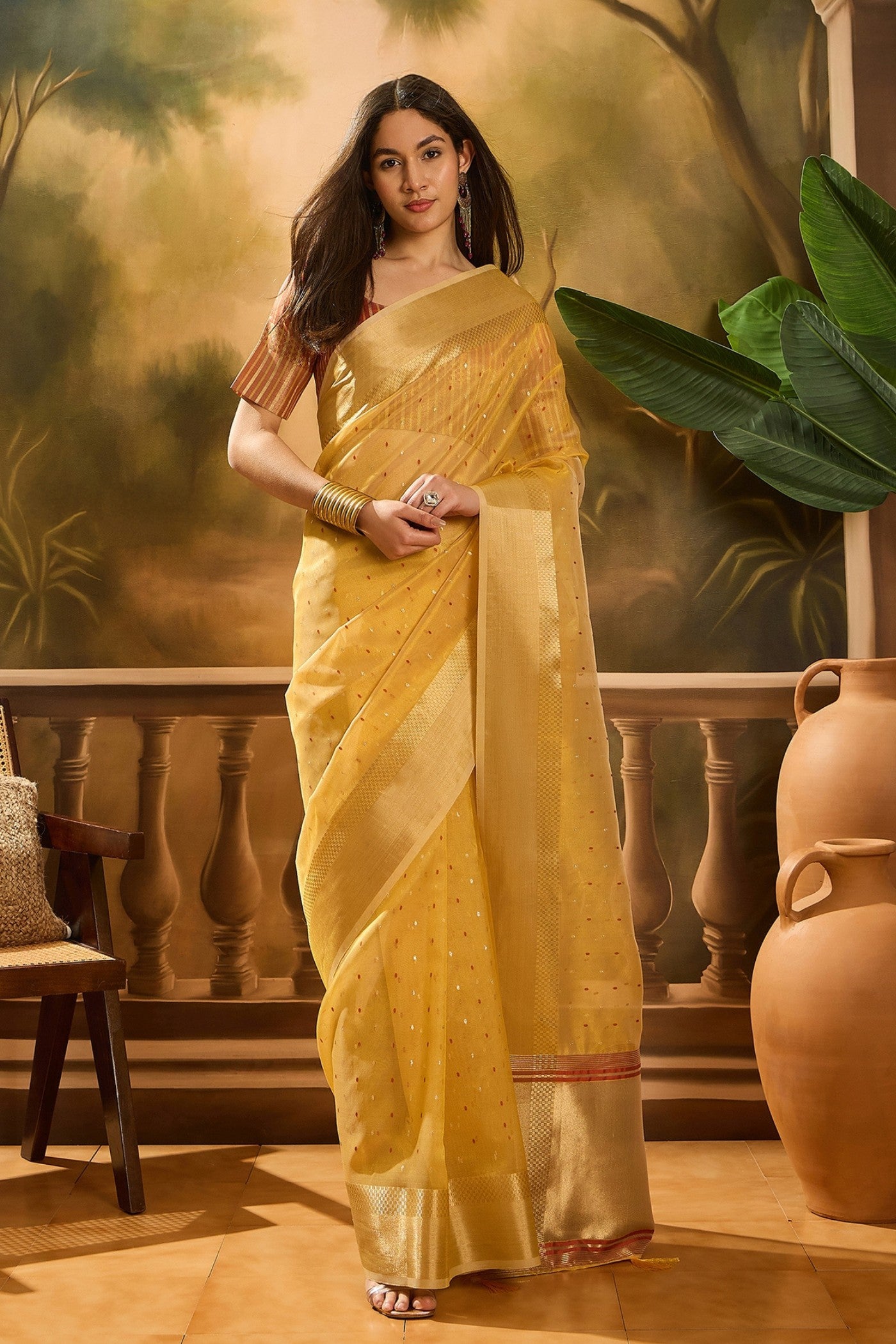 Buy MySilkLove Munsell Yellow Woven Organza Saree Online