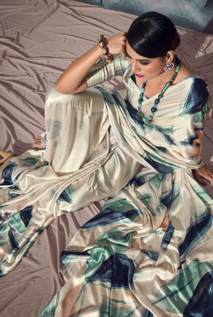 Buy MySilkLove Bone Cream and Green Printed Satin Silk Saree Online