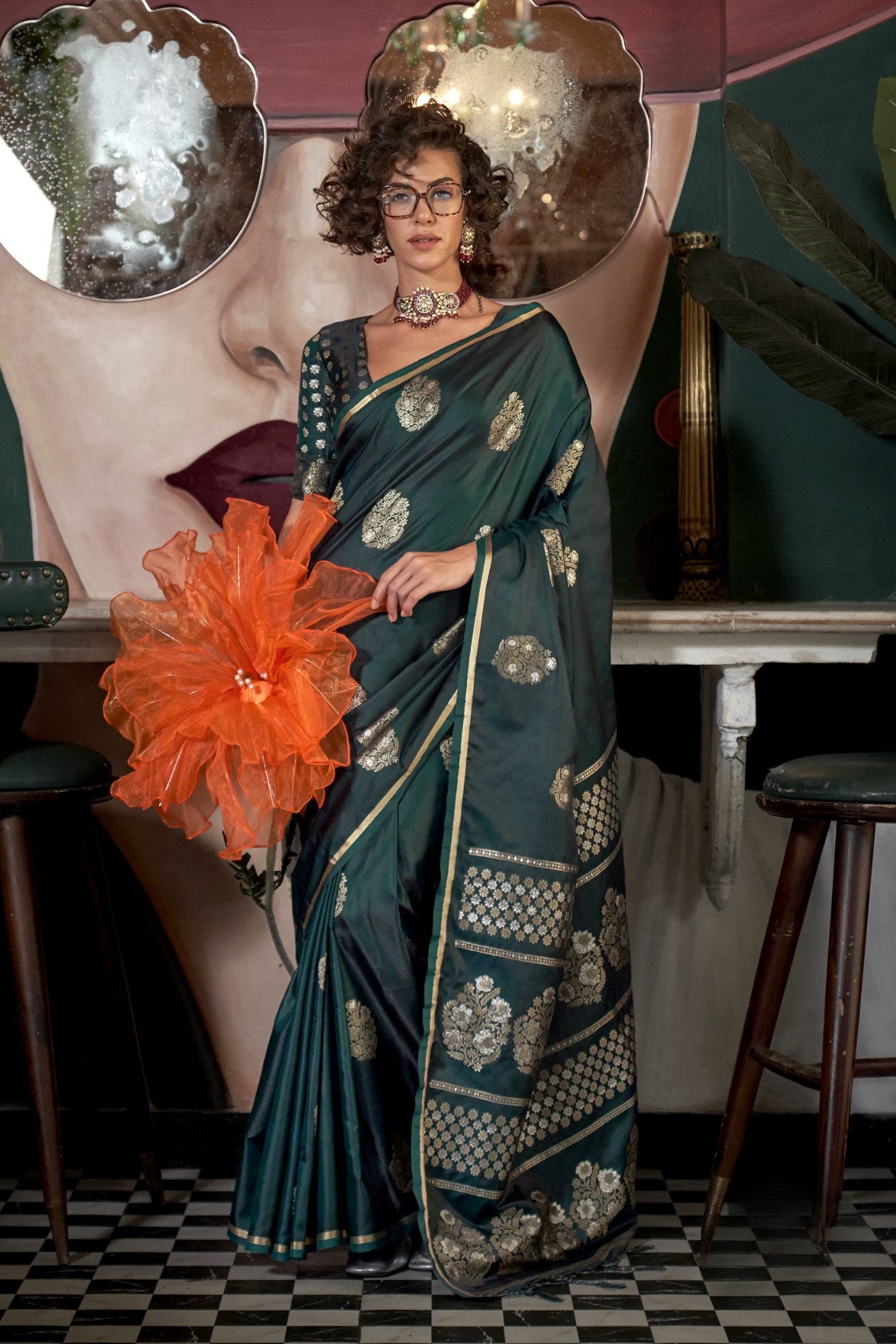 Buy MySilkLove Dark Leaf Green Banarasi Handloom Satin Saree Online