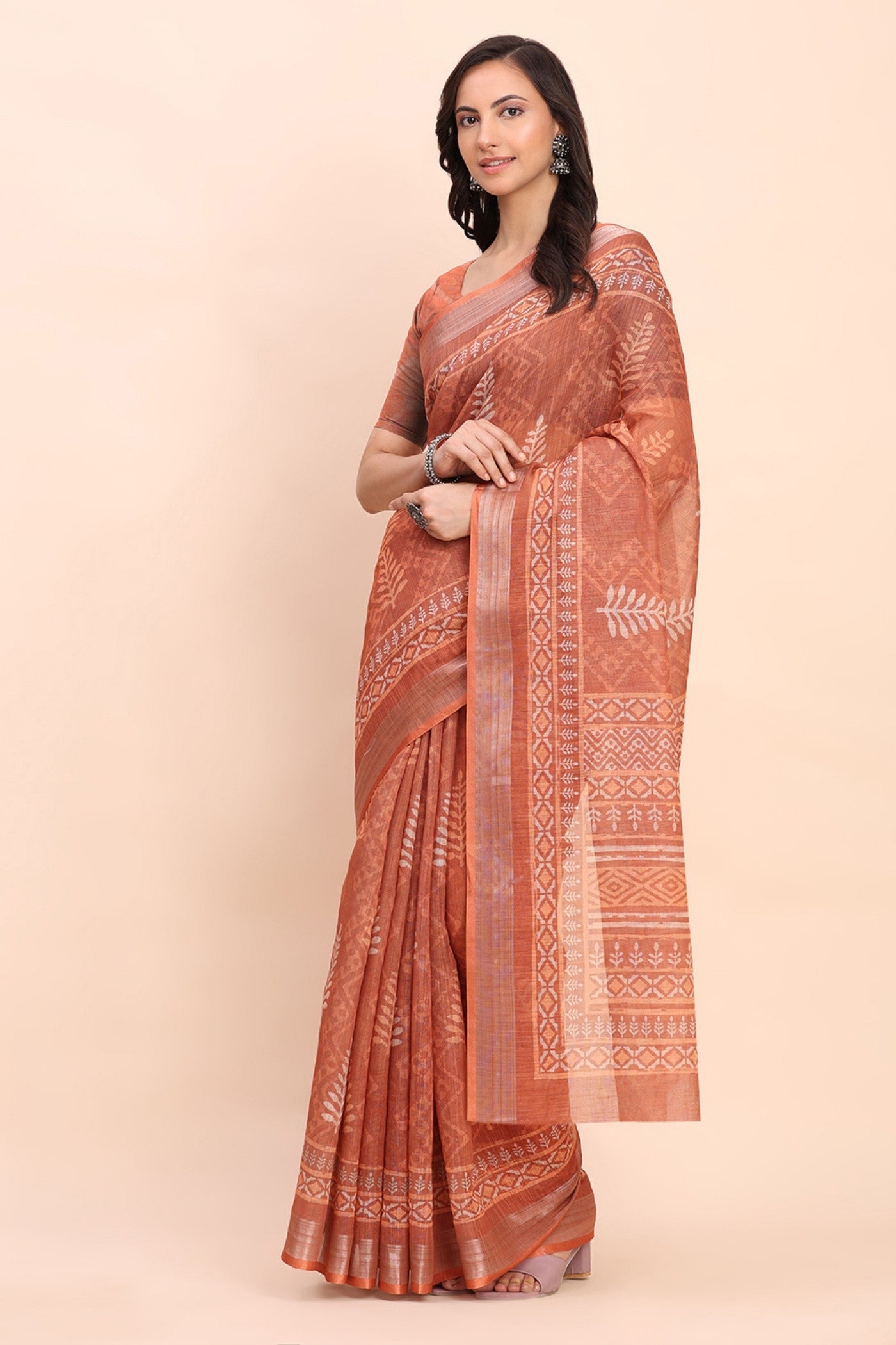 Buy MySilkLove Glossy Orange Woven Linen Cotton Saree Online