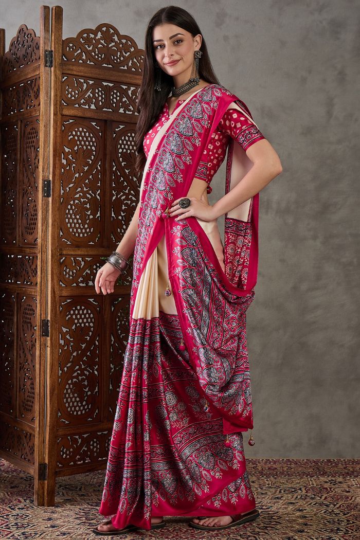 Buy MySilkLove Dust Cream and Red Ajrakh Printed Satin Gaji Silk Saree Online