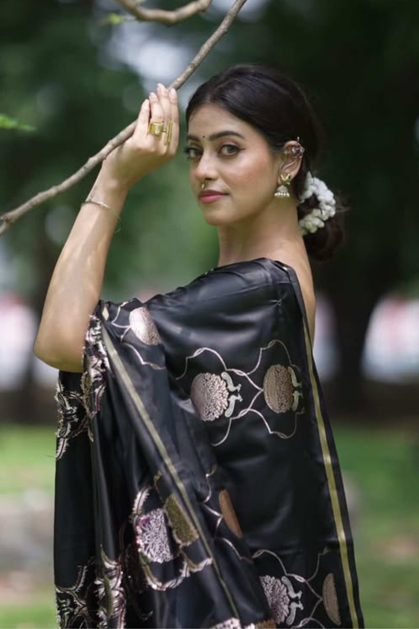 Buy MySilkLove Ink Black Handloom Satin Silk Saree Online