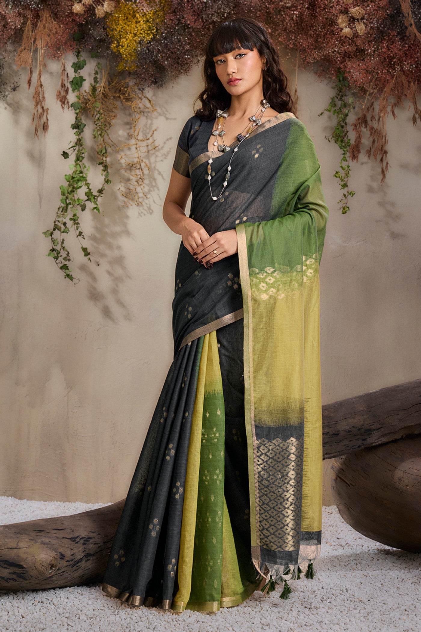 Buy MySilkLove Olive Black and Green Handloom Cotton Saree Online