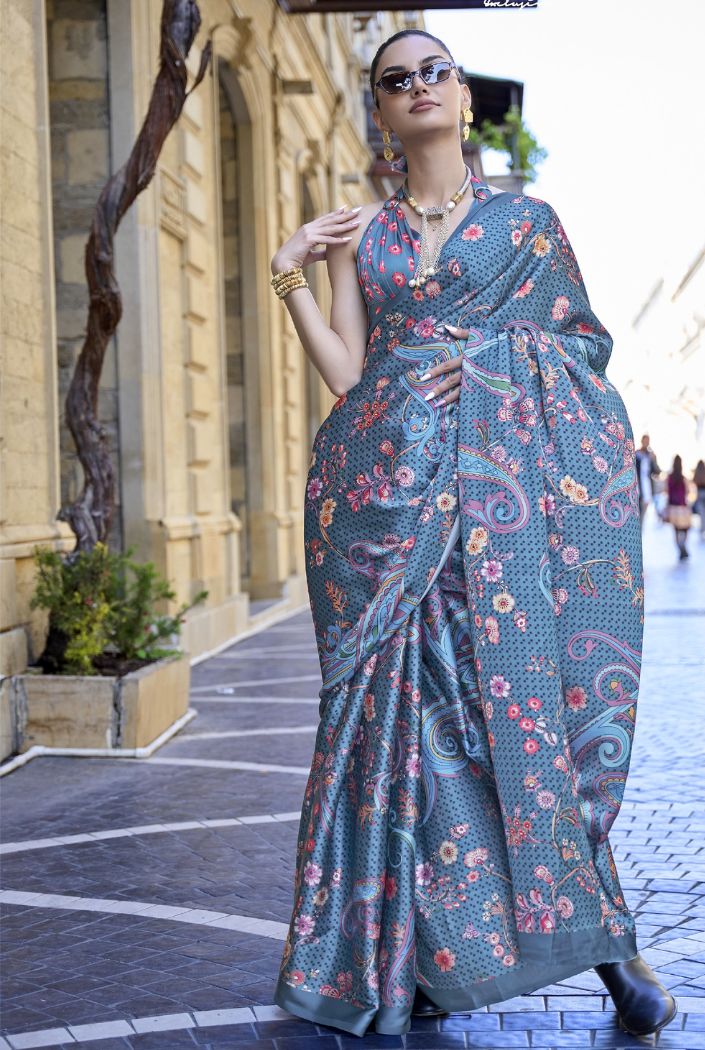 Buy MySilkLove Porpoise Blue Digital Printed Satin Silk Saree Online