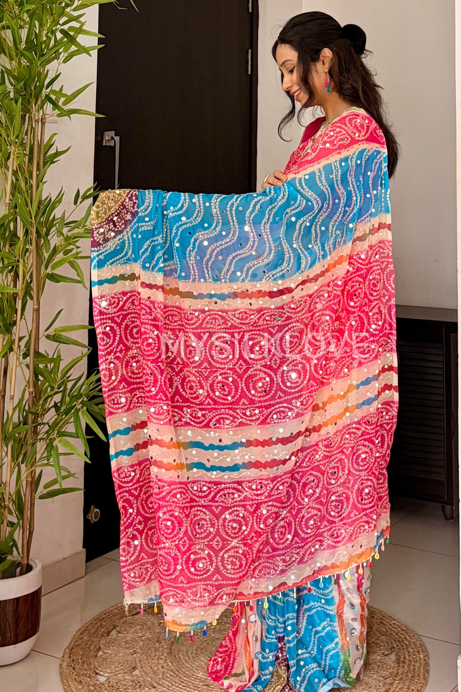 Buy MySilkLove Zareen Khan Inspired: Pink and Blue Pure Georgette Mirror Work Saree Online