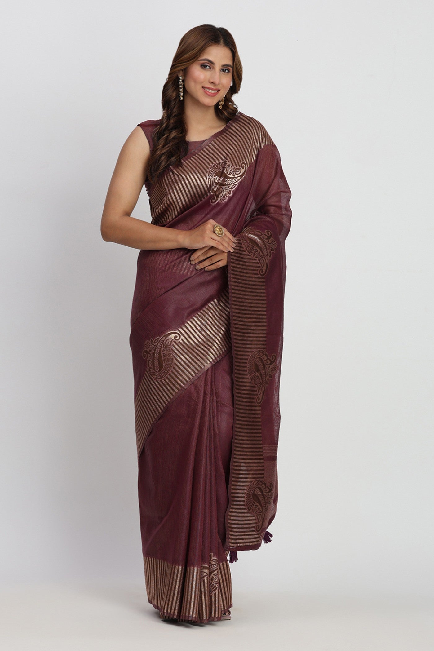 Buy MySilkLove Pecan Brown Woven Linen Cotton Saree Online