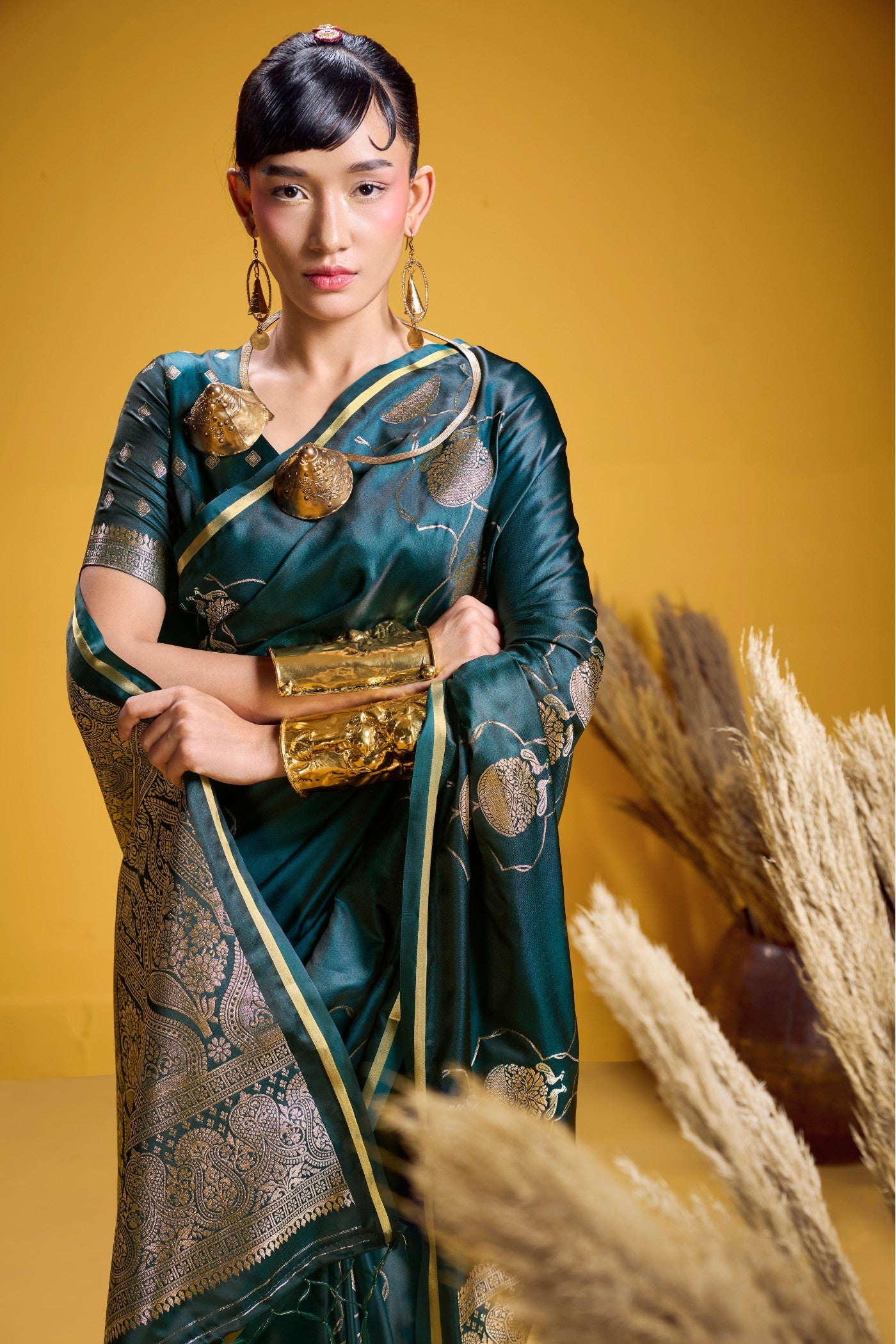 MySilkLove Forest Green Handloom Satin Silk Saree