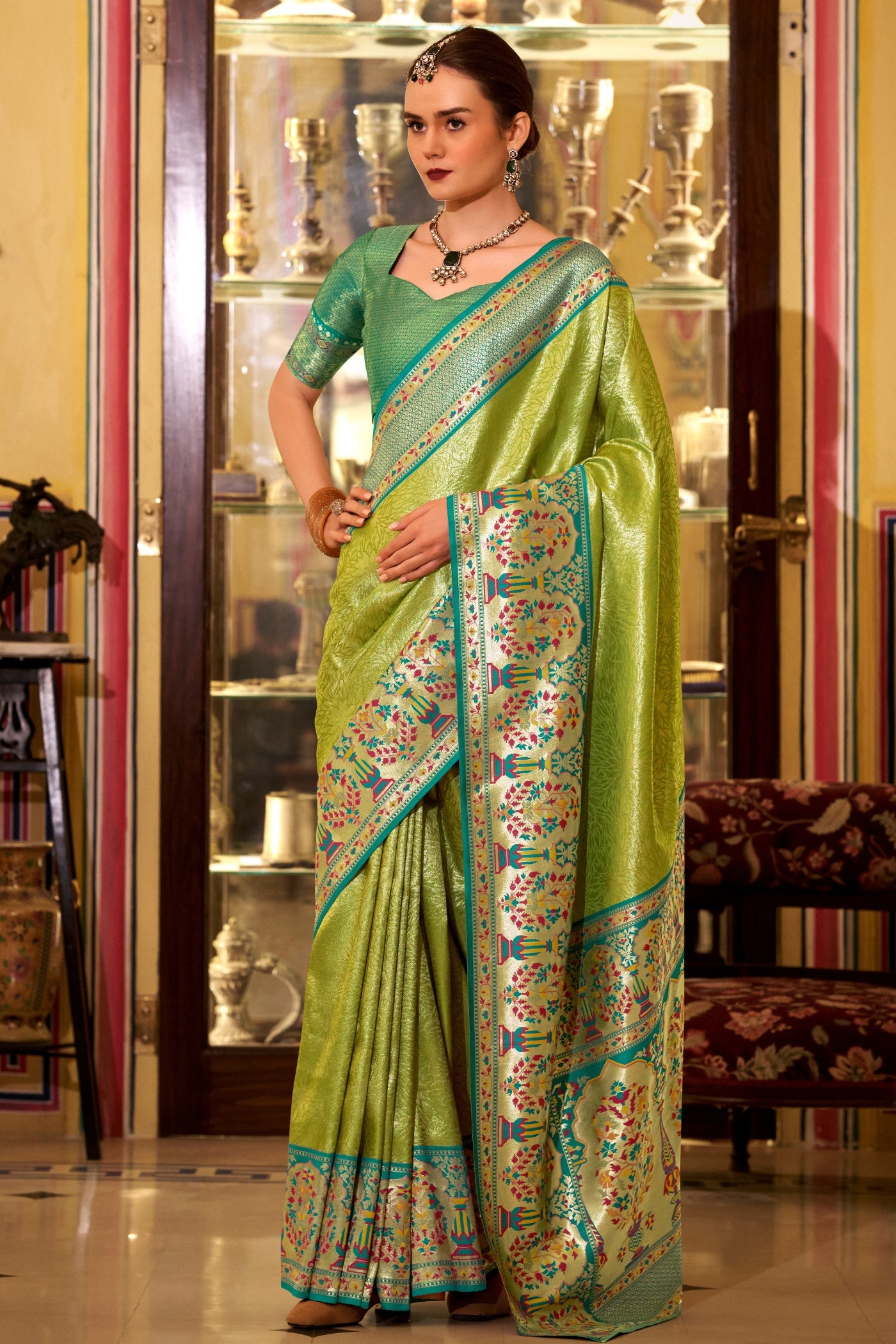 Buy MySilkLove Fern Green Woven Tissue Silk Saree Online