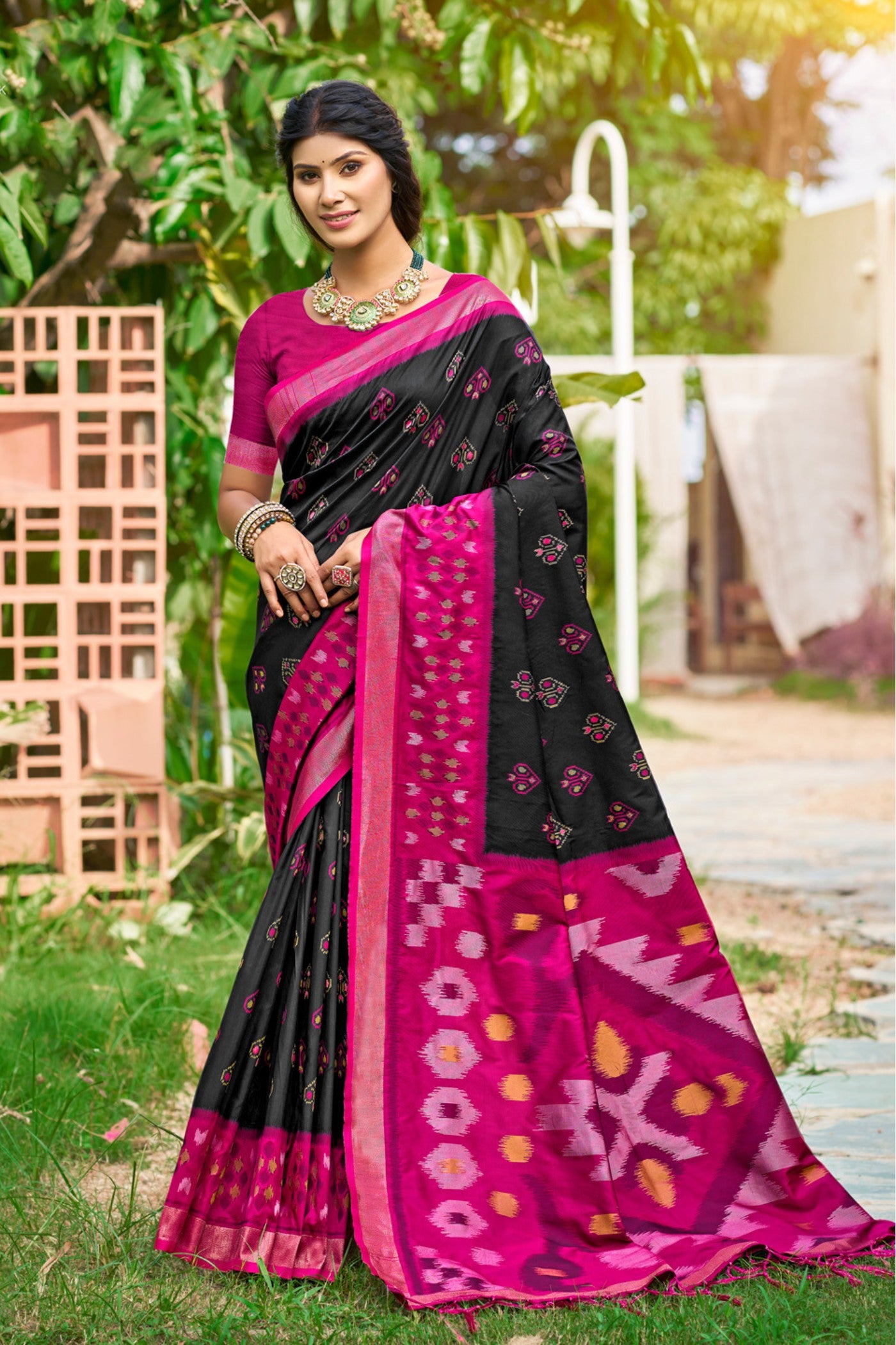 Buy MySilkLove Matte Black Ikkat Soft Silk Saree Online