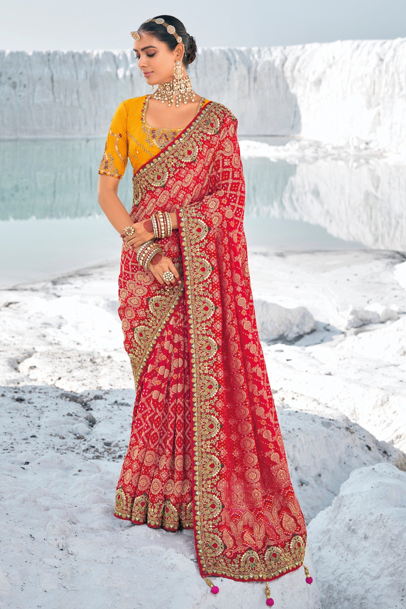Exquisite Red Pure Georgette Bandani Patola Saree with Zari Weaving & Heavy Embellishments