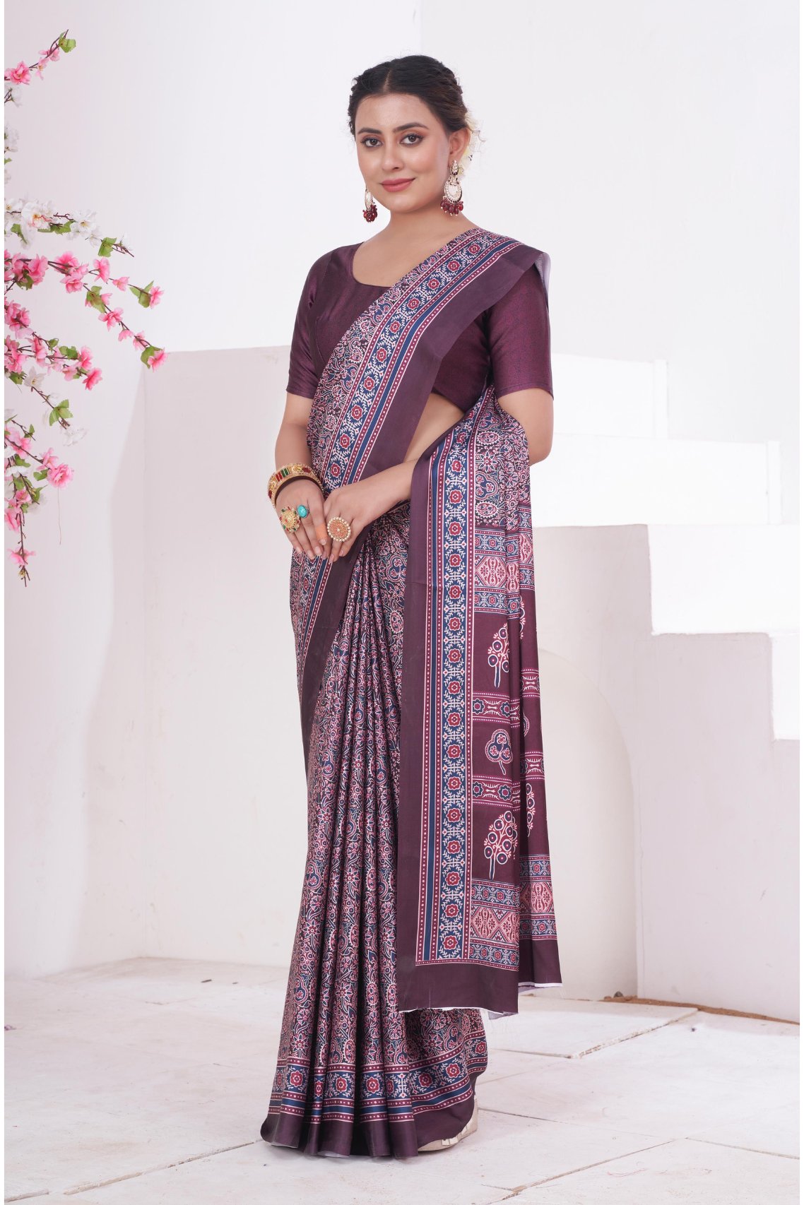 Buy MySilkLove Mountbatten Purple Ajrakh Printed Satin Crepe Saree Online