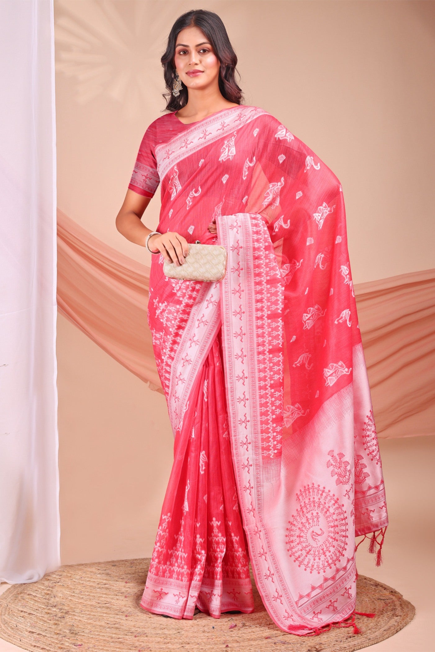 Buy MySilkLove Bright Rose Pink Woven Linen Cotton Saree Online