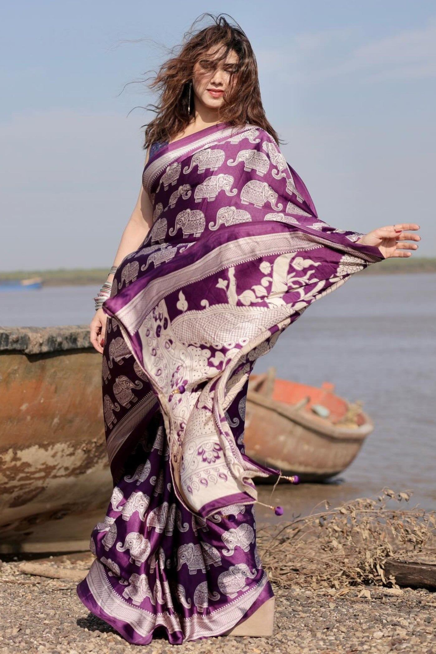 Buy MySilkLove Haze Purple Ajrakh Printed Satin Crepe Silk Saree Online