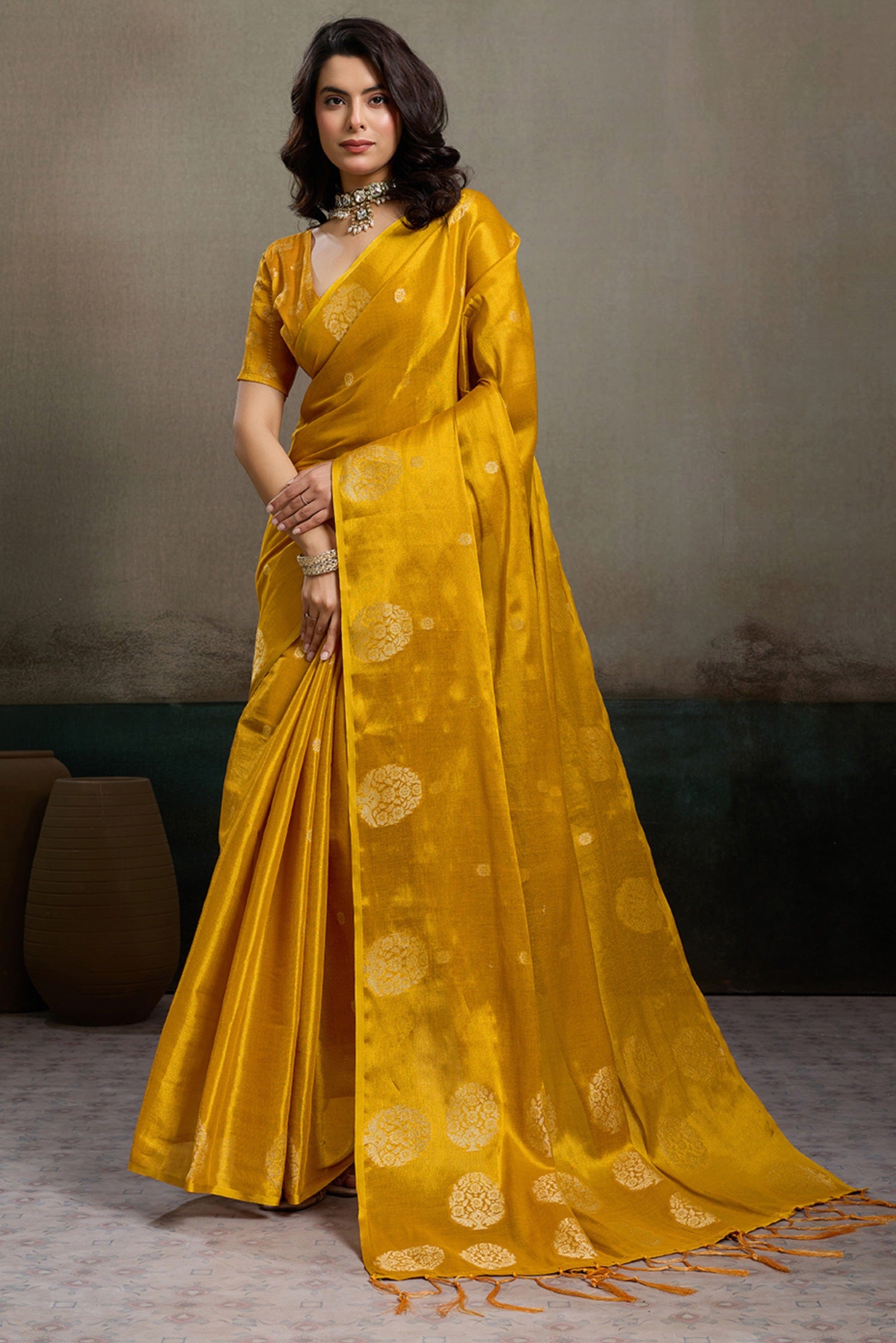 Buy MySilkLove Canary Yellow Woven Tissue Saree Online
