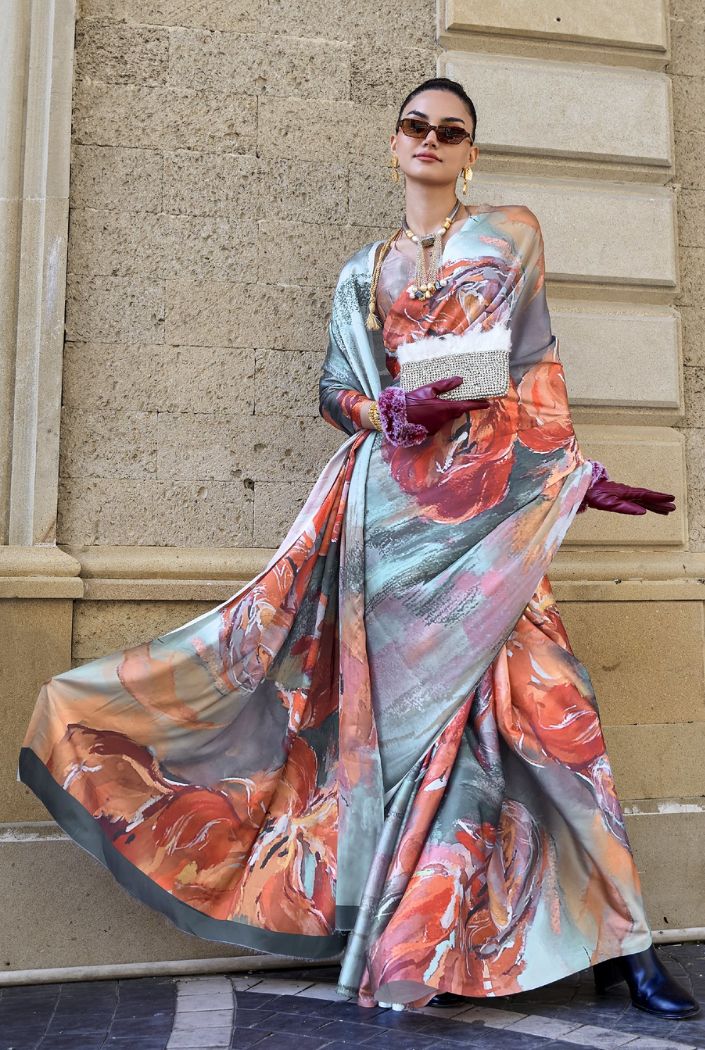 Buy MySilkLove Smokey Grey and Orange Digital Printed Satin Silk Saree Online