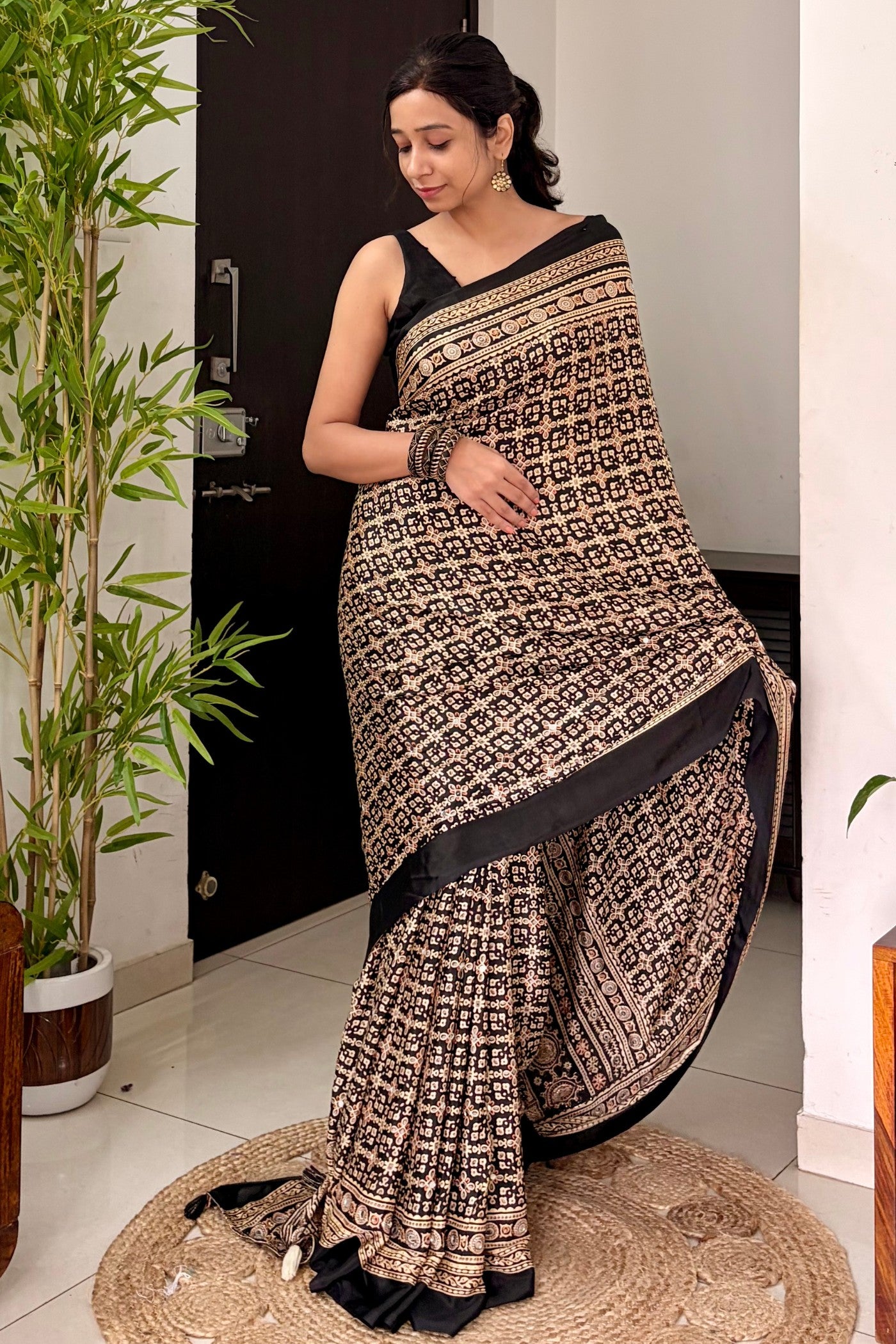 Buy MySilkLove Metal Black Modal Ajrakh Satin Printed Mirror Work Saree Online