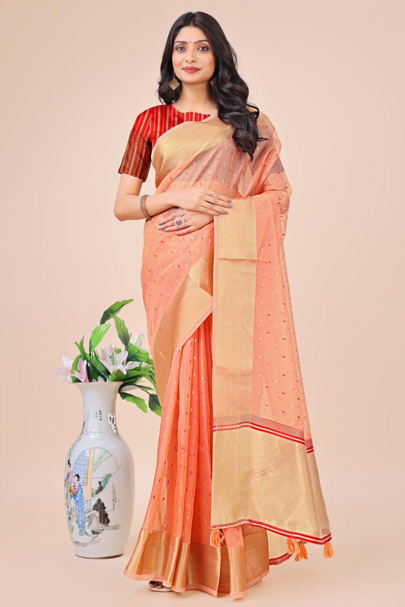 Buy MySilkLove Malibu Peach Woven Organza Saree Online