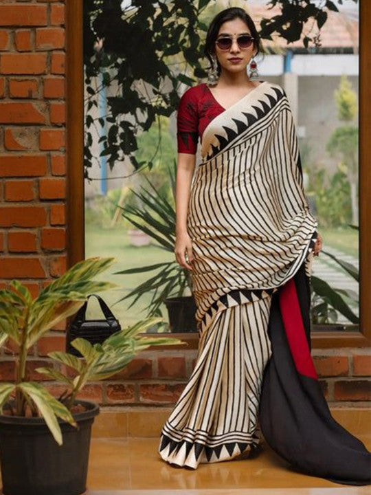 Buy MySilkLove Pearl White and Black Ajrakh Printed Satin Crepe Silk Saree Online