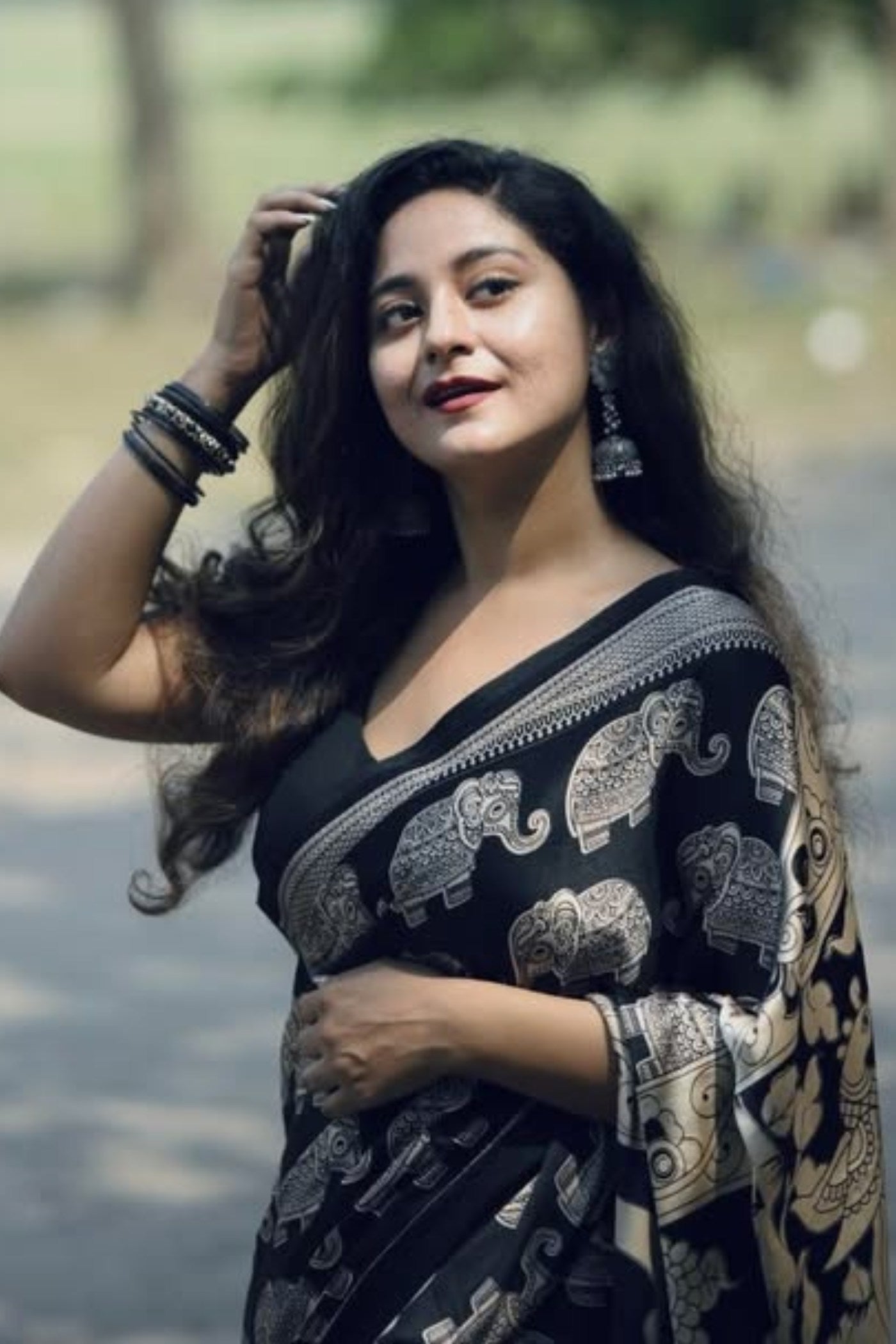 Buy MySilkLove Black Eel Ajrakh Printed Satin Crepe Silk Saree Online