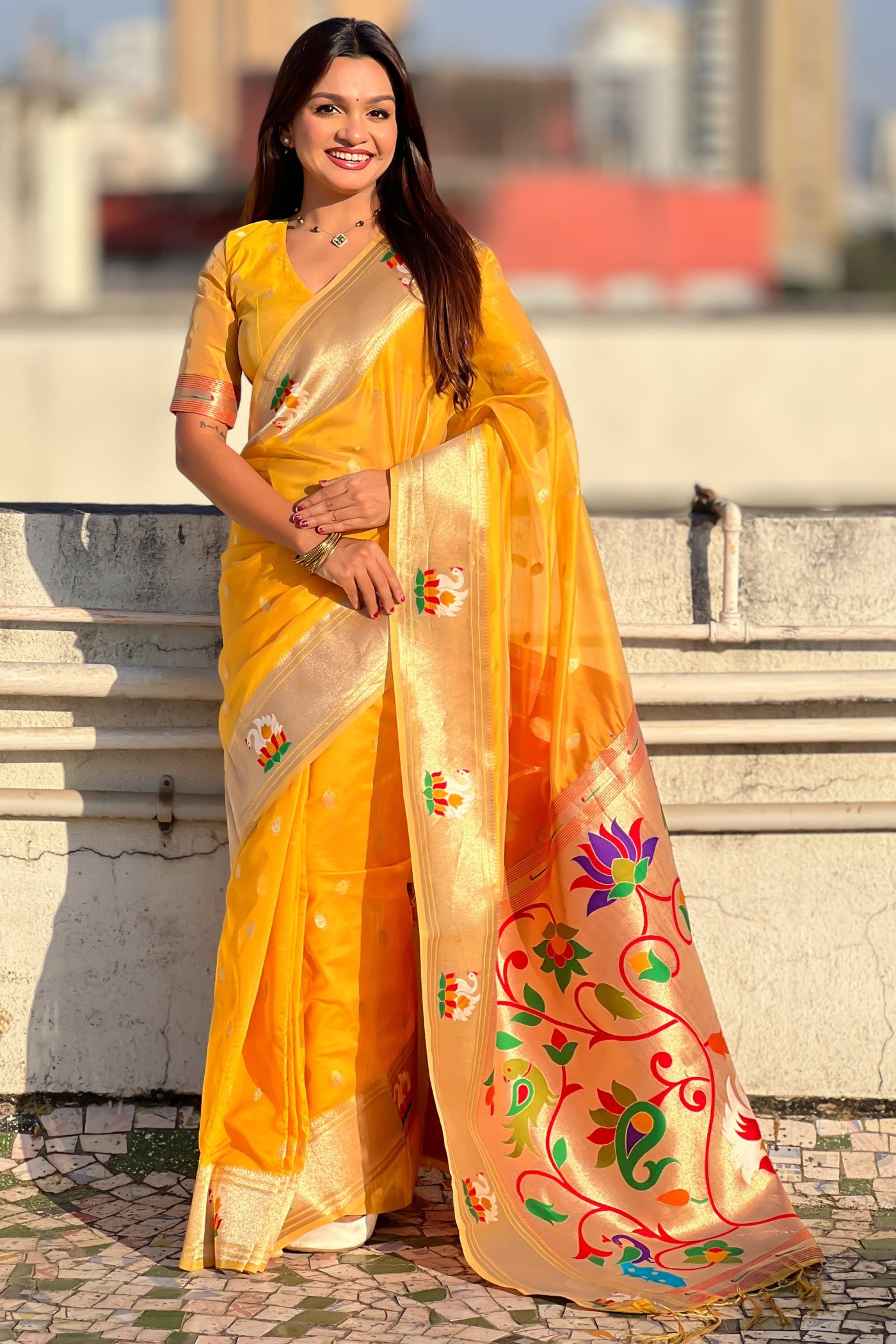 Buy MySilkLove Sunflower Yellow Organza Woven Paithani Saree Online