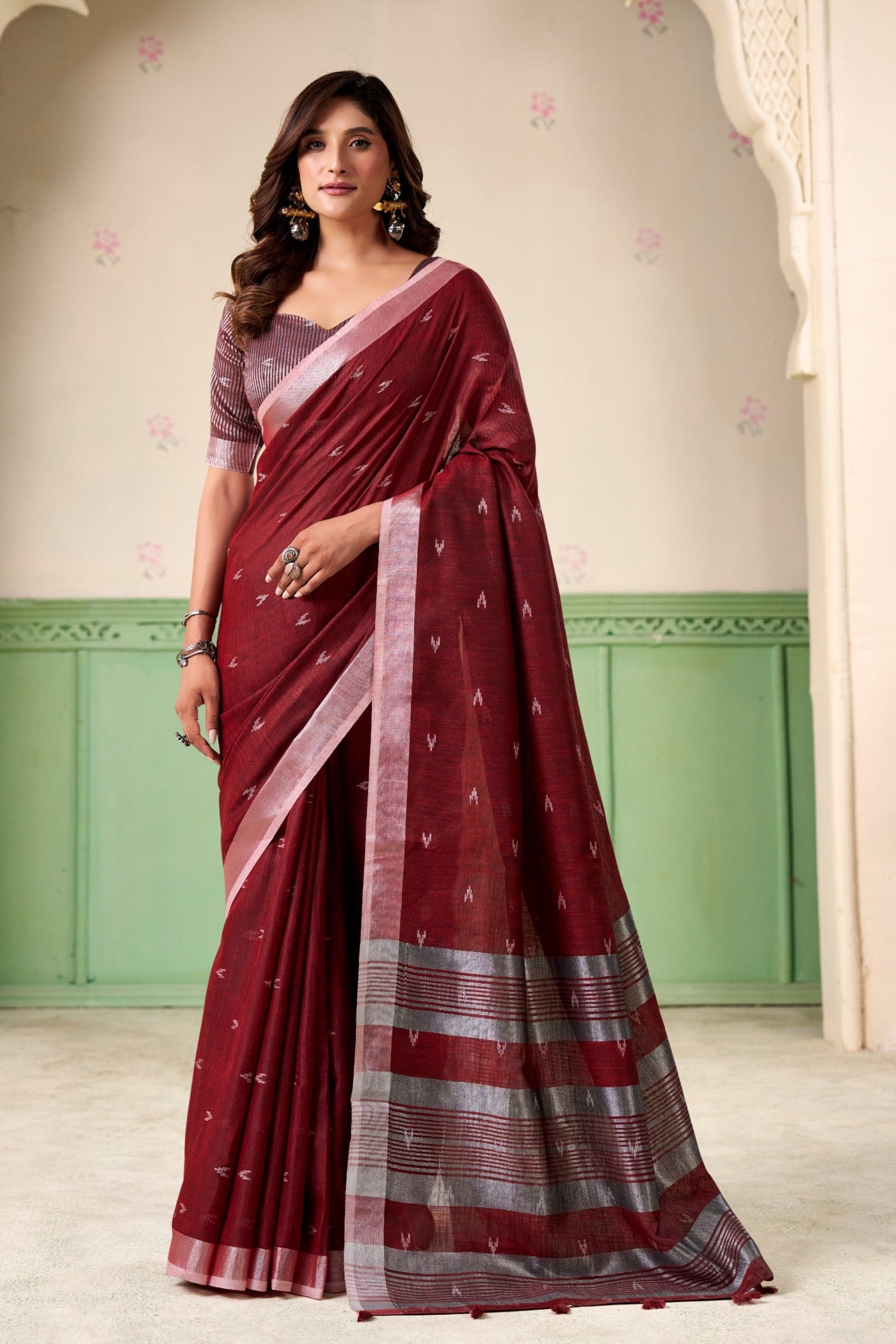 Buy MySilkLove Rosewood Maroon Woven Linen Saree Online