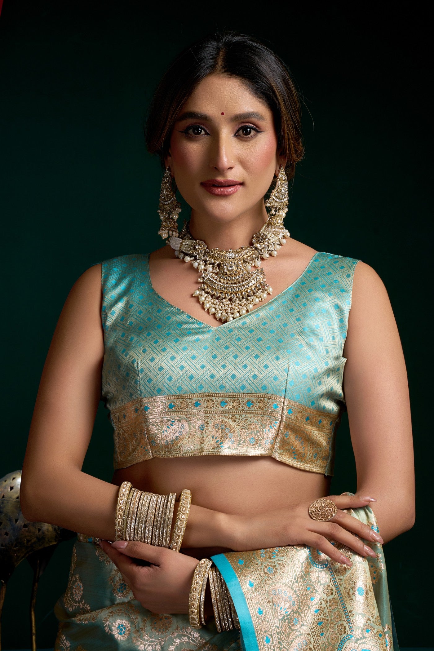 Buy MySilkLove Tiffany Blue Banarasi Handloom Satin Soft Silk Sare Online