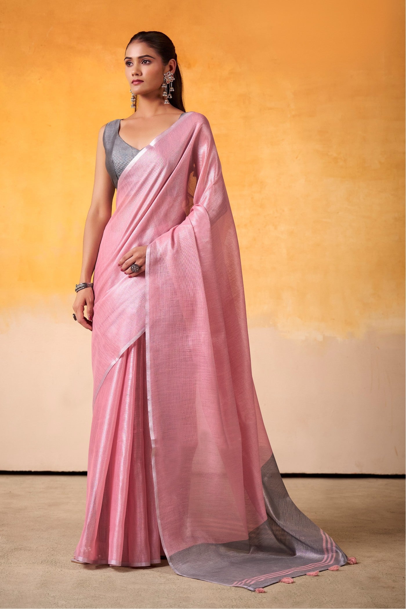 Buy MySilkLove Coral Pink and Grey Woven Tissue Silk Saree Online