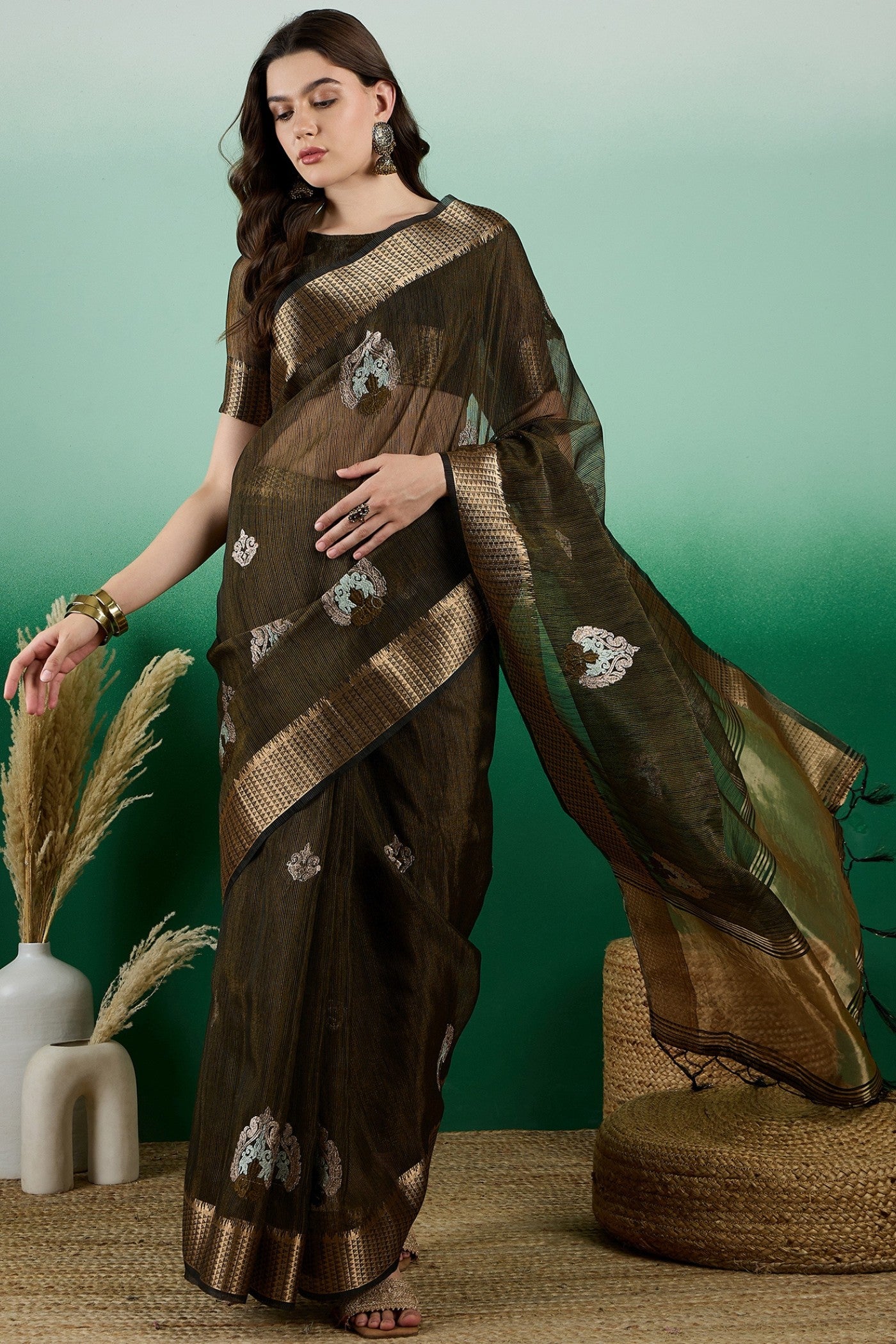 Buy MySilkLove Mehndi Green Organza Saree Online