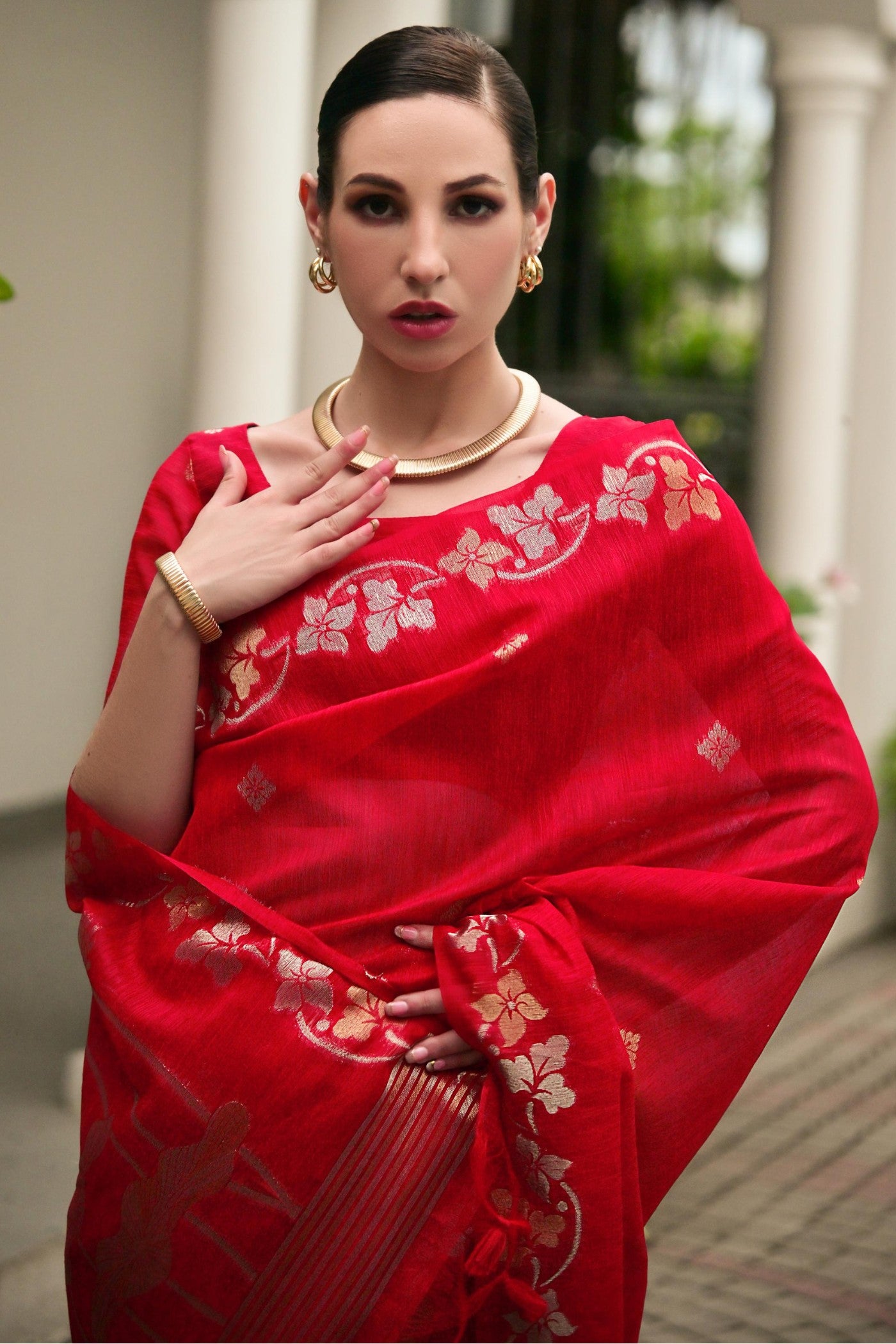 Buy MySilkLove Wine Red Floral Linen Silk Saree Online