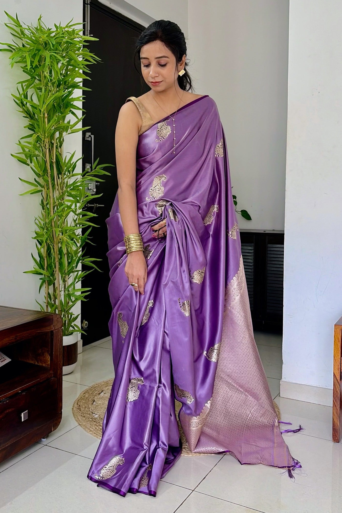 Buy MySilkLove Wisteria Purple Handloom Satin Soft Silk Saree Online