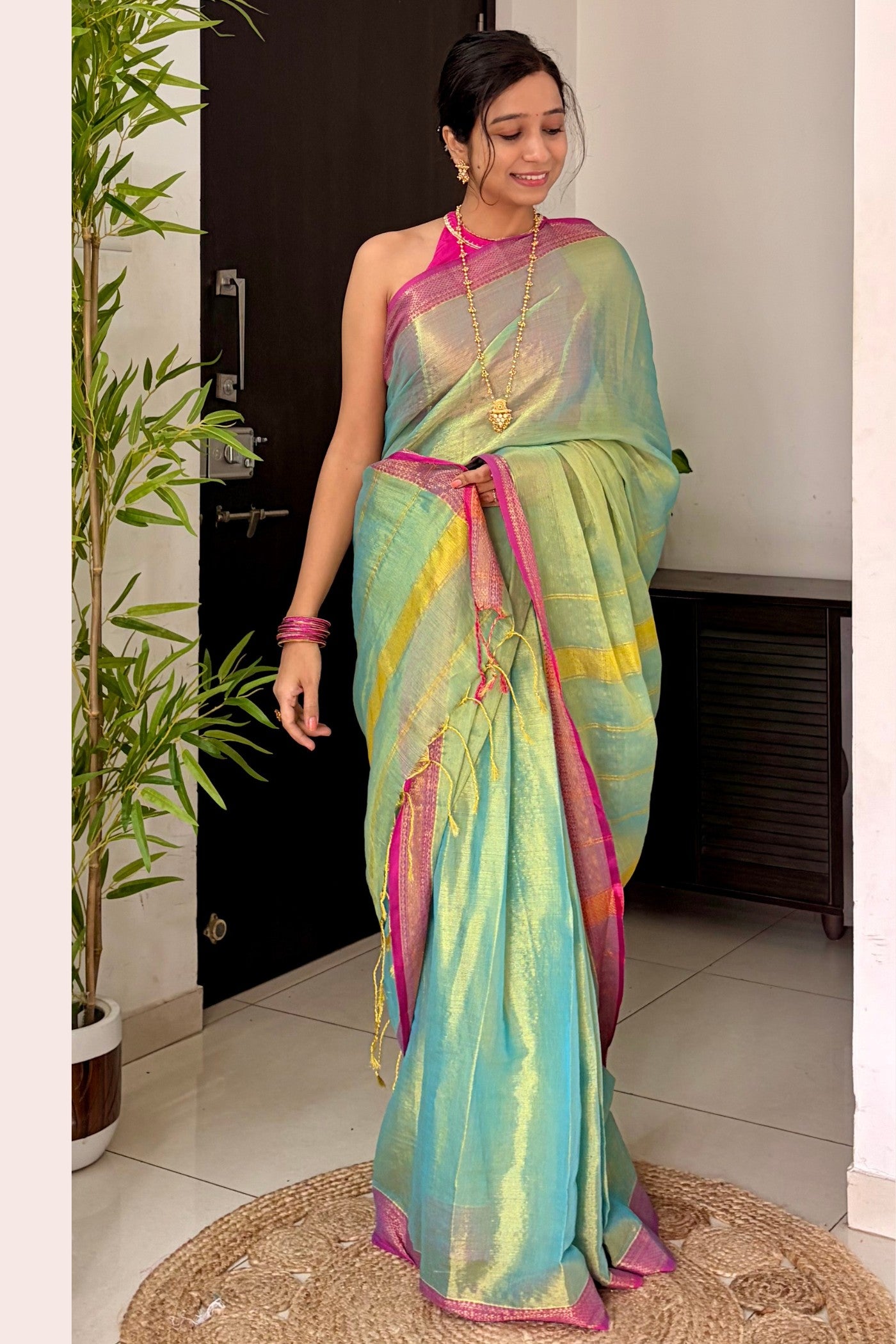 Buy MySilkLove Moss Green Tissue Woven Silk Saree Online