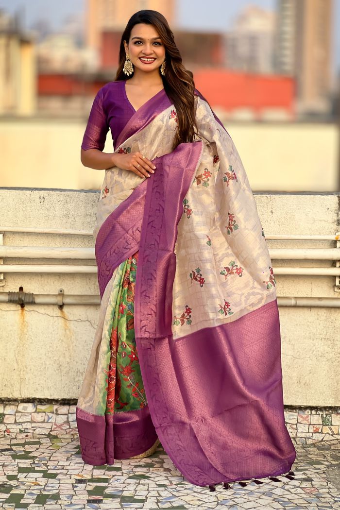 Buy MySilkLove Tumbleweed Cream and Purple Woven Cotton Saree Online