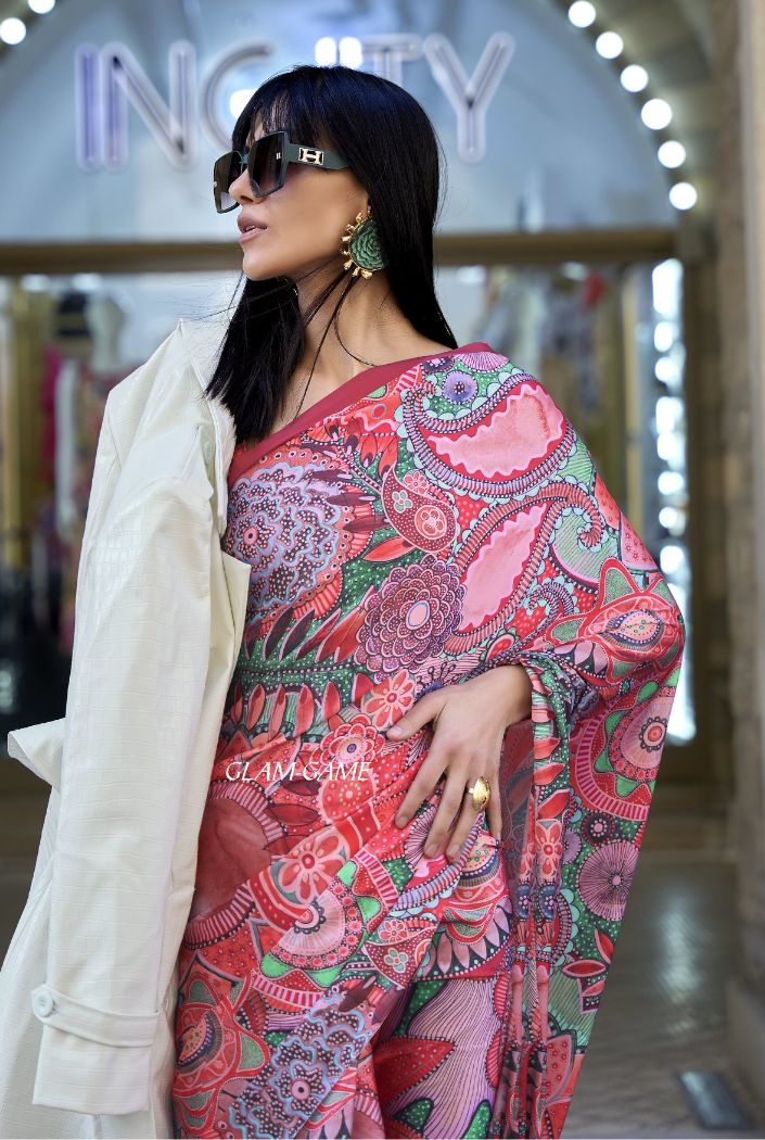 Buy MySilkLove Mulberry Pink Digital Printed Satin Silk Saree Online