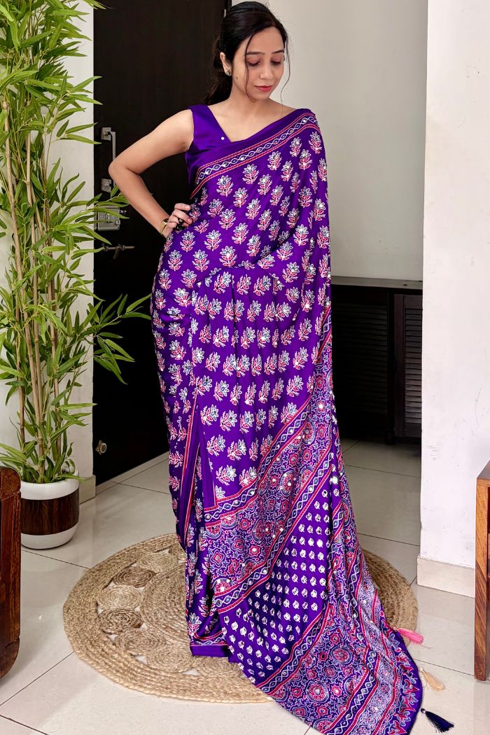 Buy MySilkLove Violet Purple Modal Ajrakh Satin Printed Mirror Work Saree Online