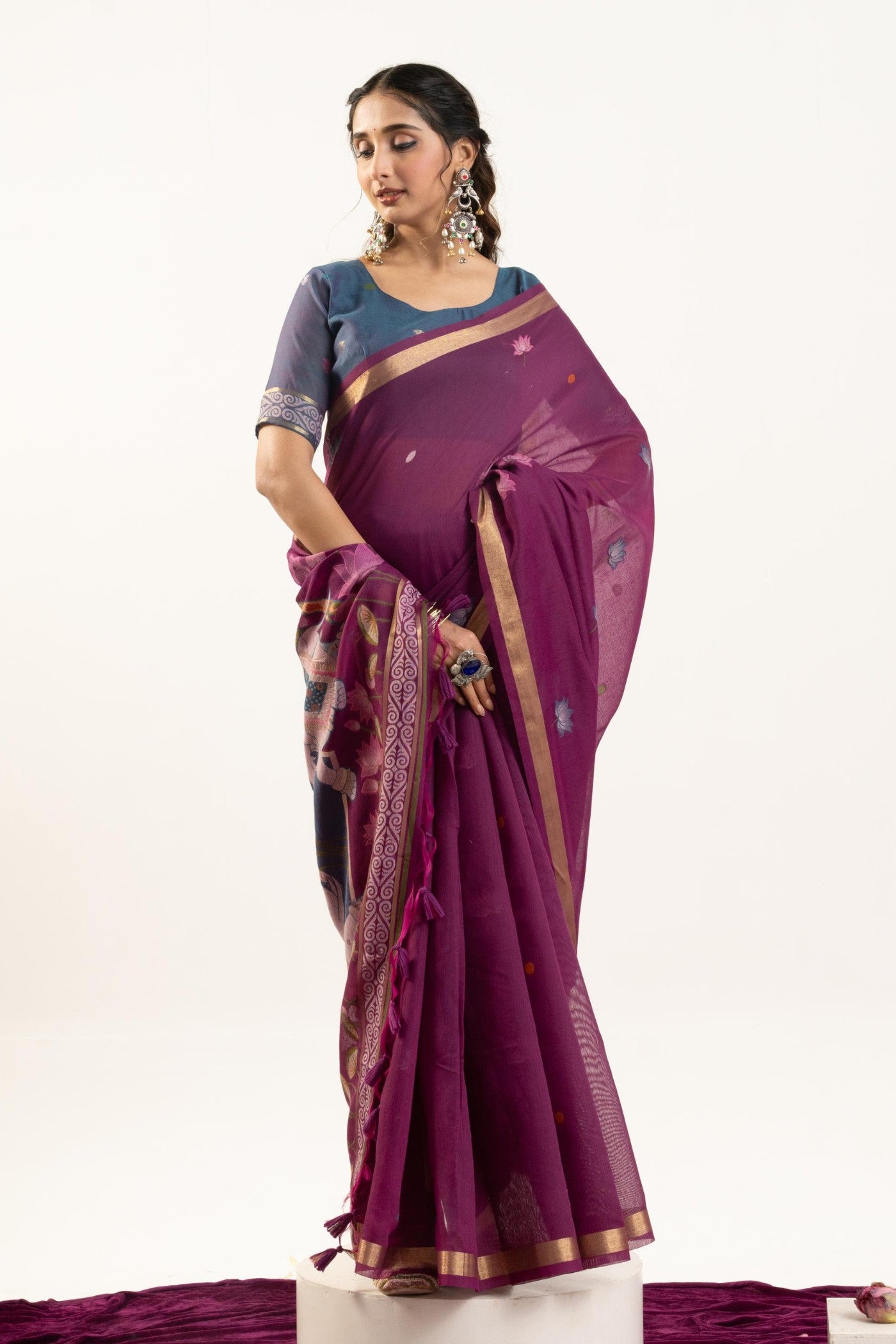 Buy MySilkLove Mulberry Purple Woven Soft Muga Cotton Saree Online