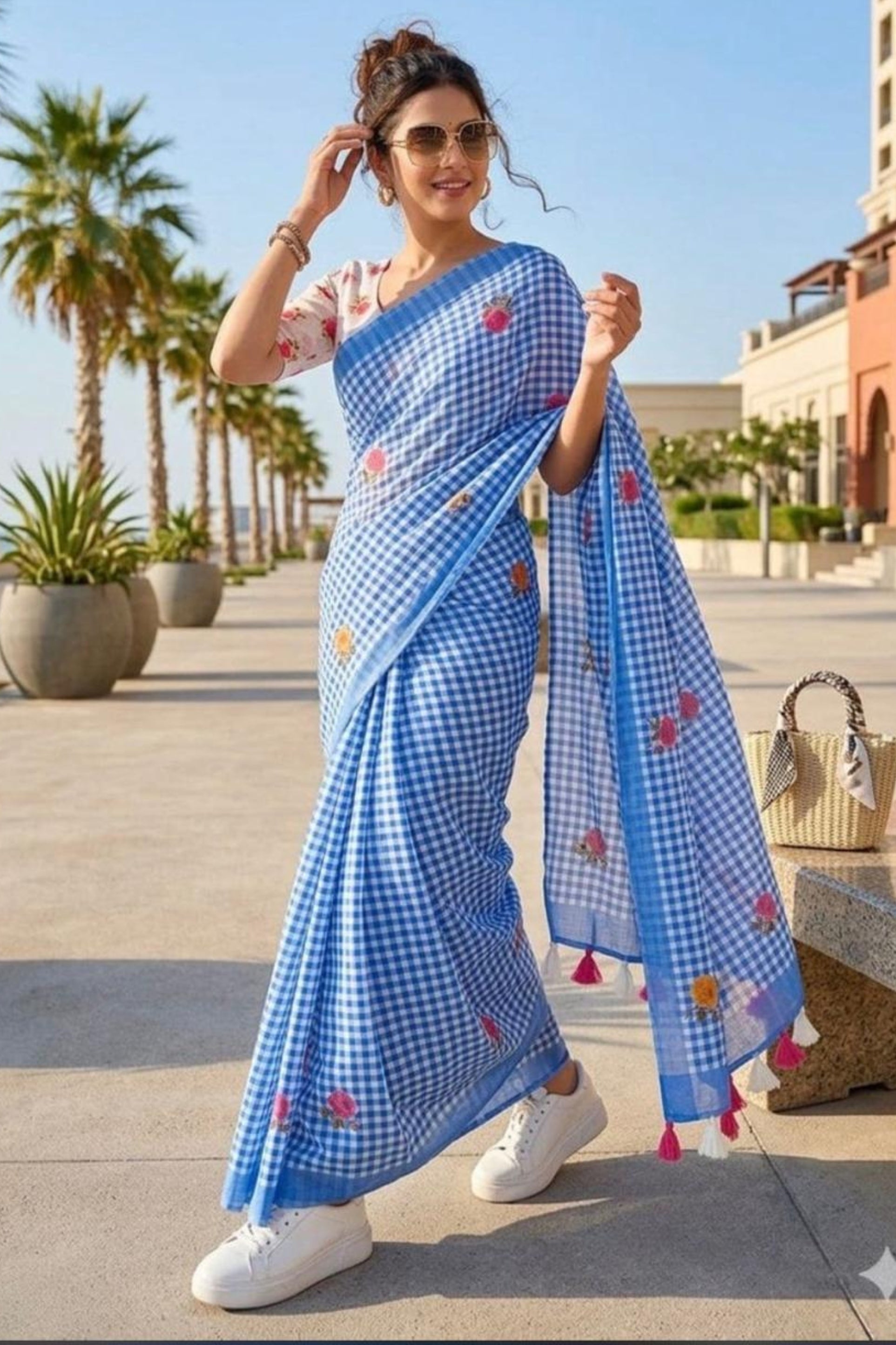 Buy MySilkLove Ink Blue Soft Linen Cotton Pinted Saree Online