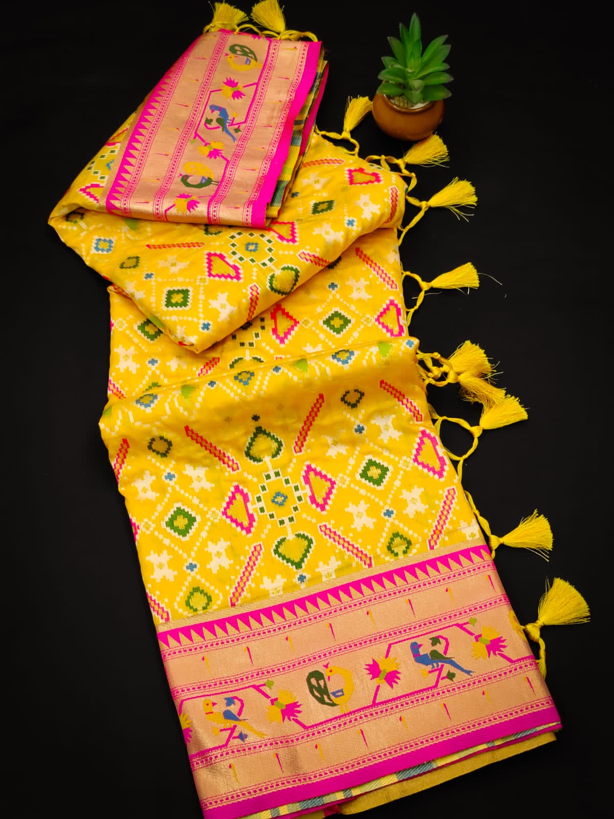 Buy MySilkLove Daisy Yellow and Pink Paithani Patola Fusion Silk Saree Online