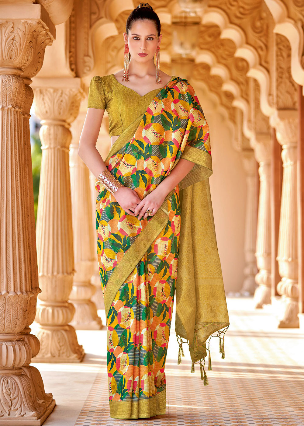 Buy MySilkLove Ronchi Yellow and Green Floral Printed Cotton Silk Saree Online