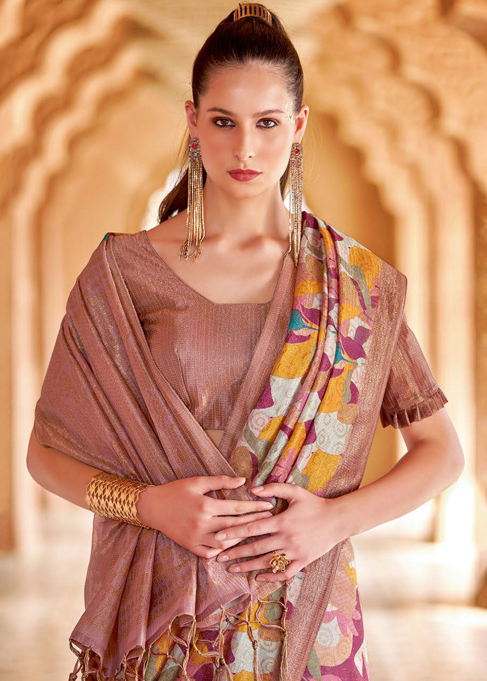 MySilkLove Cadillac Purple and Brown Floral Printed Cotton Silk Saree