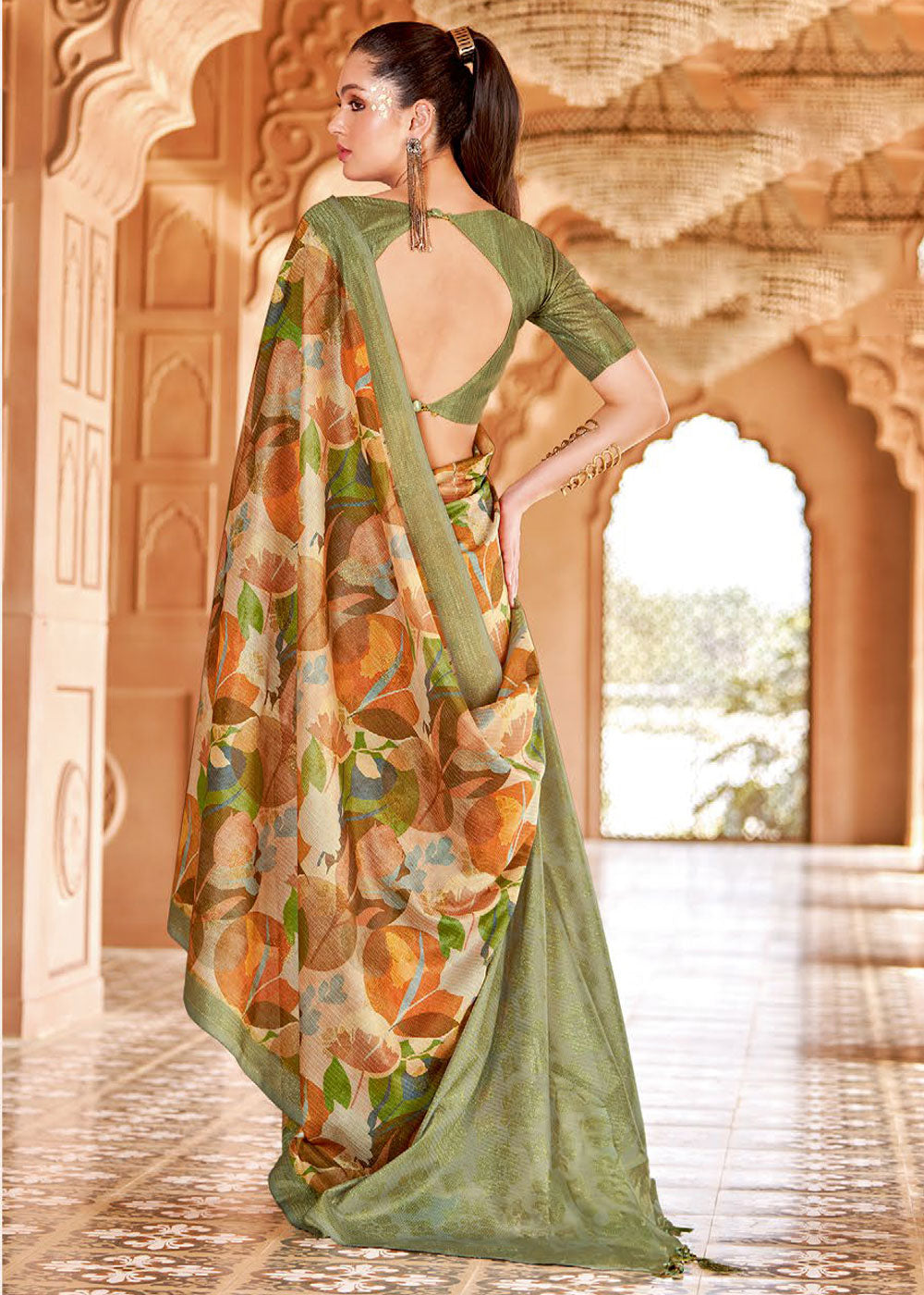 MySilkLove Costa Del Sol Green Floral Printed Cotton Silk Saree