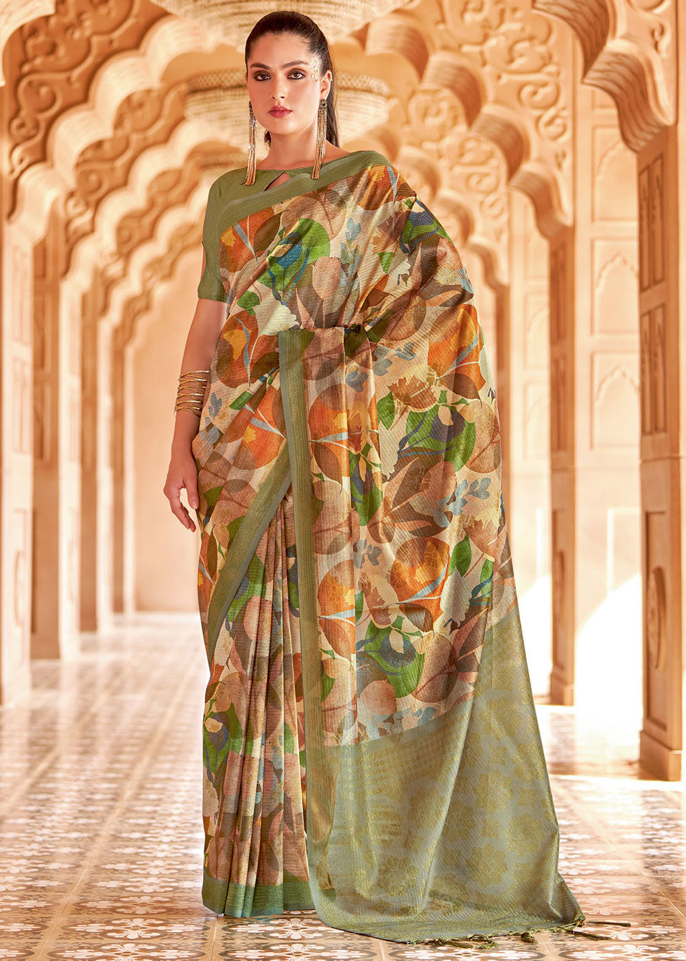 Buy MySilkLove Costa Del Sol Green Floral Printed Cotton Silk Saree Online