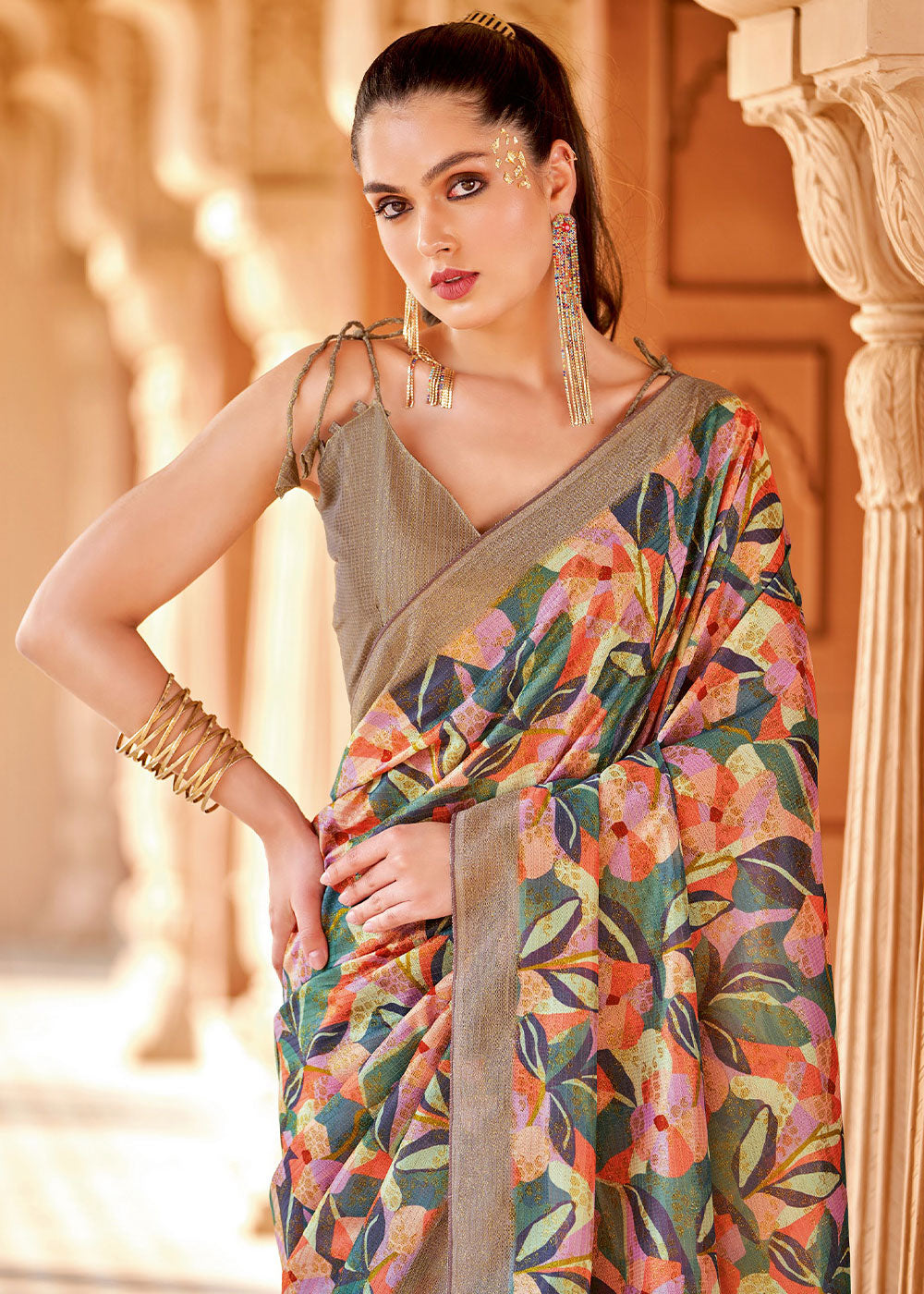 MySilkLove Flint Grey and Brown Floral Printed Cotton Silk Saree