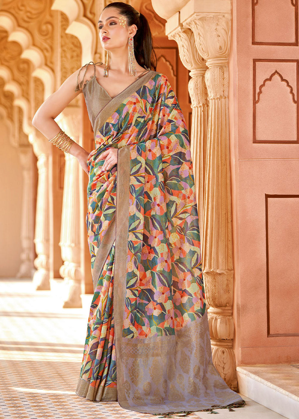 Buy MySilkLove Flint Grey and Brown Floral Printed Cotton Silk Saree Online