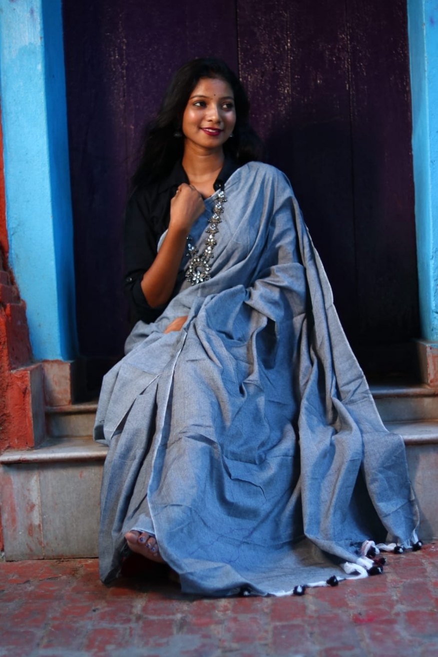 Buy MySilkLove Ship Cove Blue Mul Cotton Saree Online