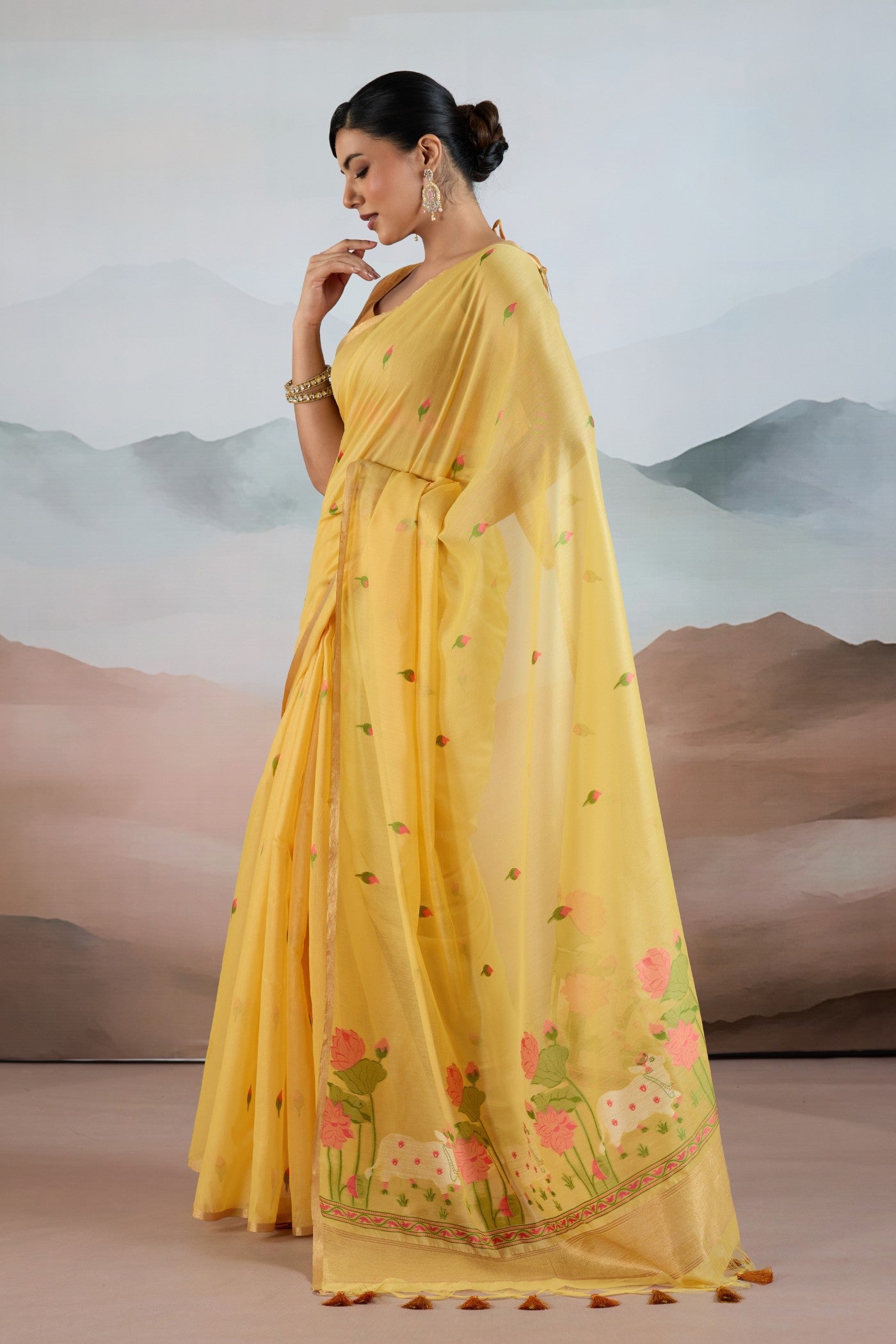 Buy MySilkLove Aureolin Yellow Cotton Handloom Pichwai Saree Online