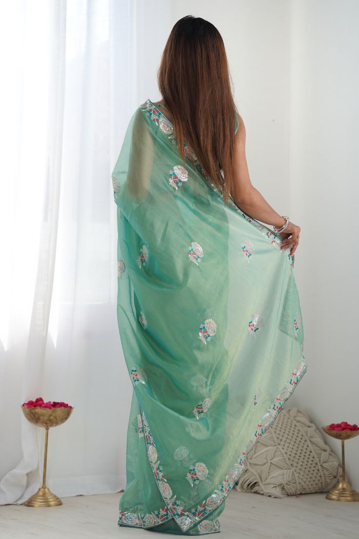 Buy MySilkLove Persian Green Partywear Net saree Online